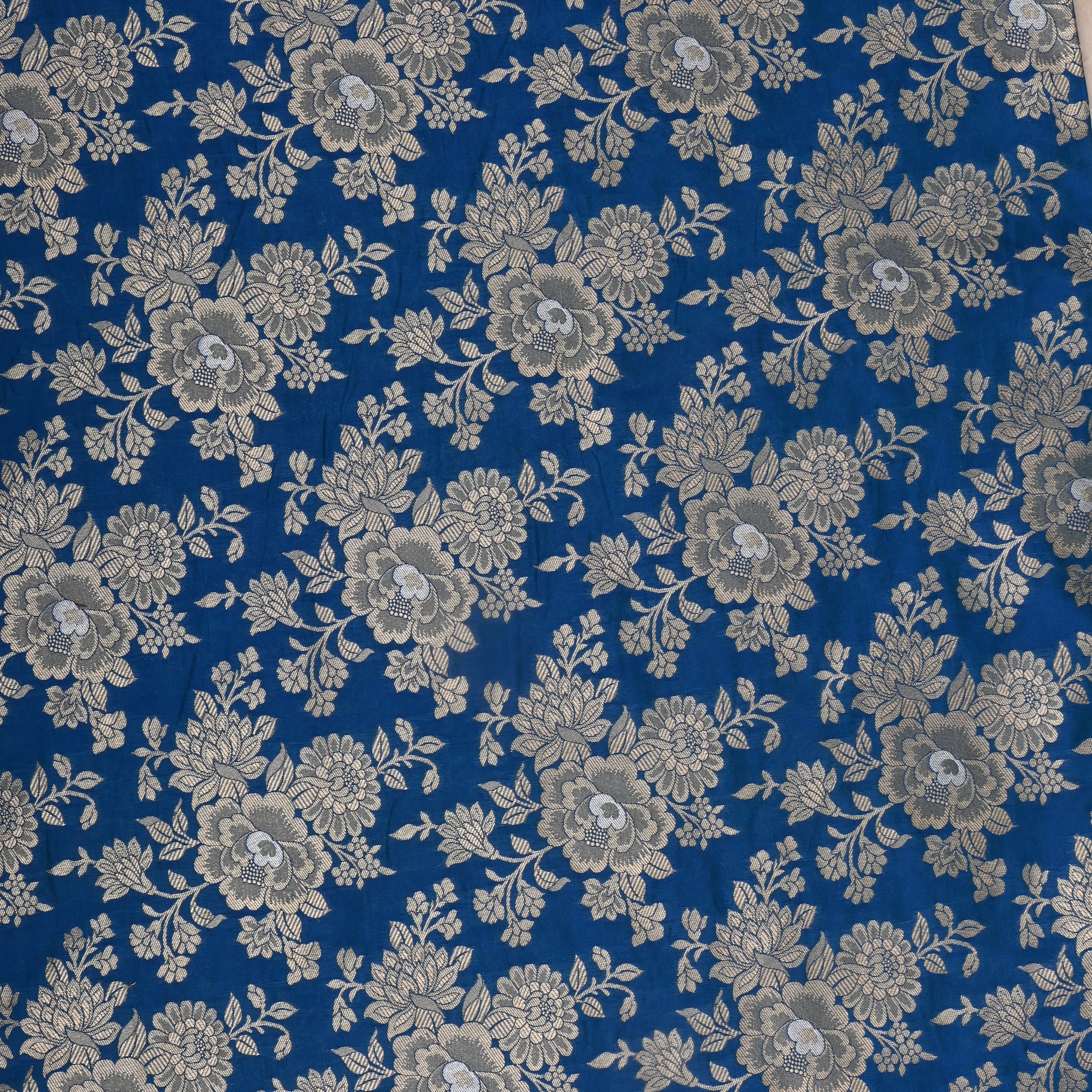 Bright Blue Jamawar Silk Fabric With Floral Jaal