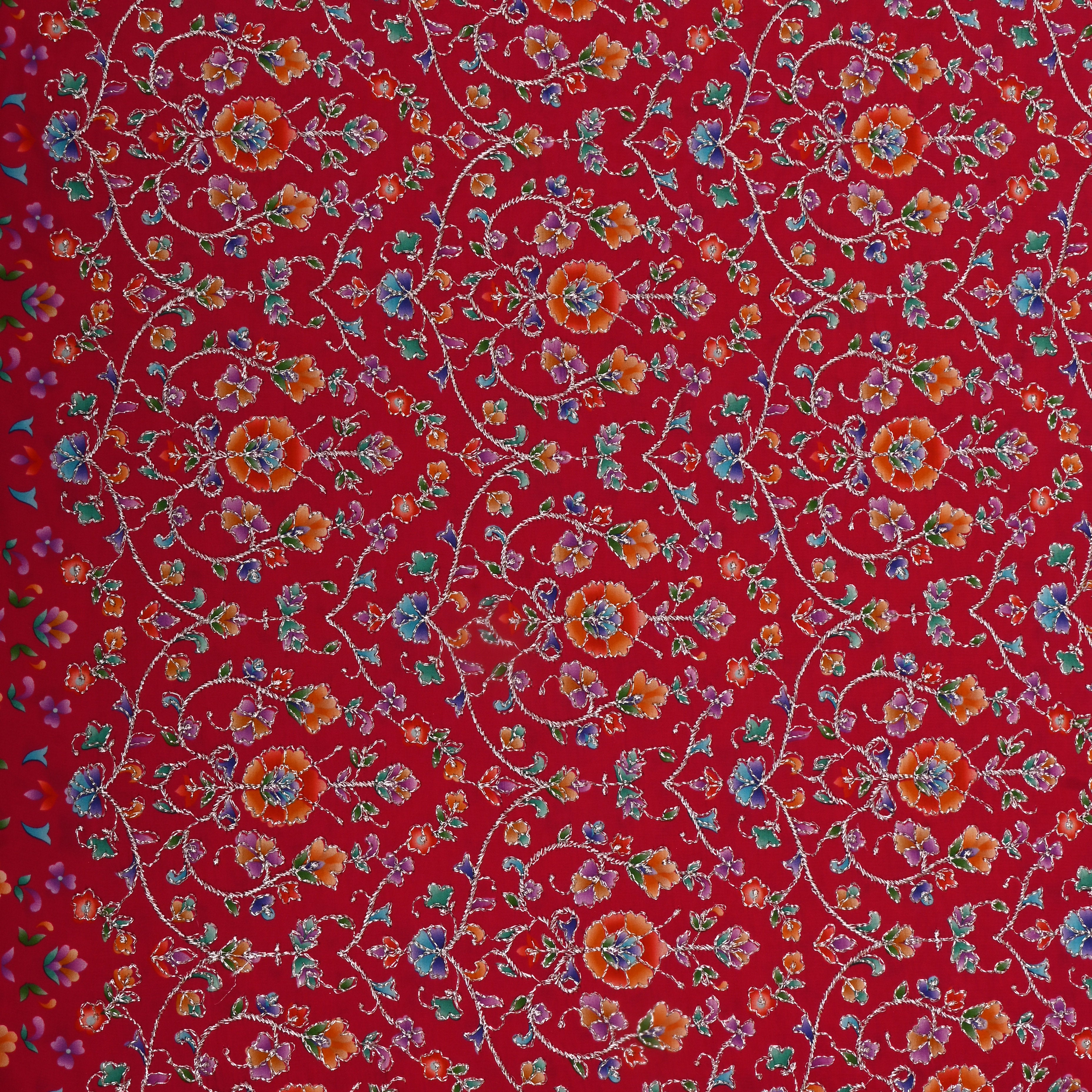 Cherry Red Organza Fabric With Printed Embroidery