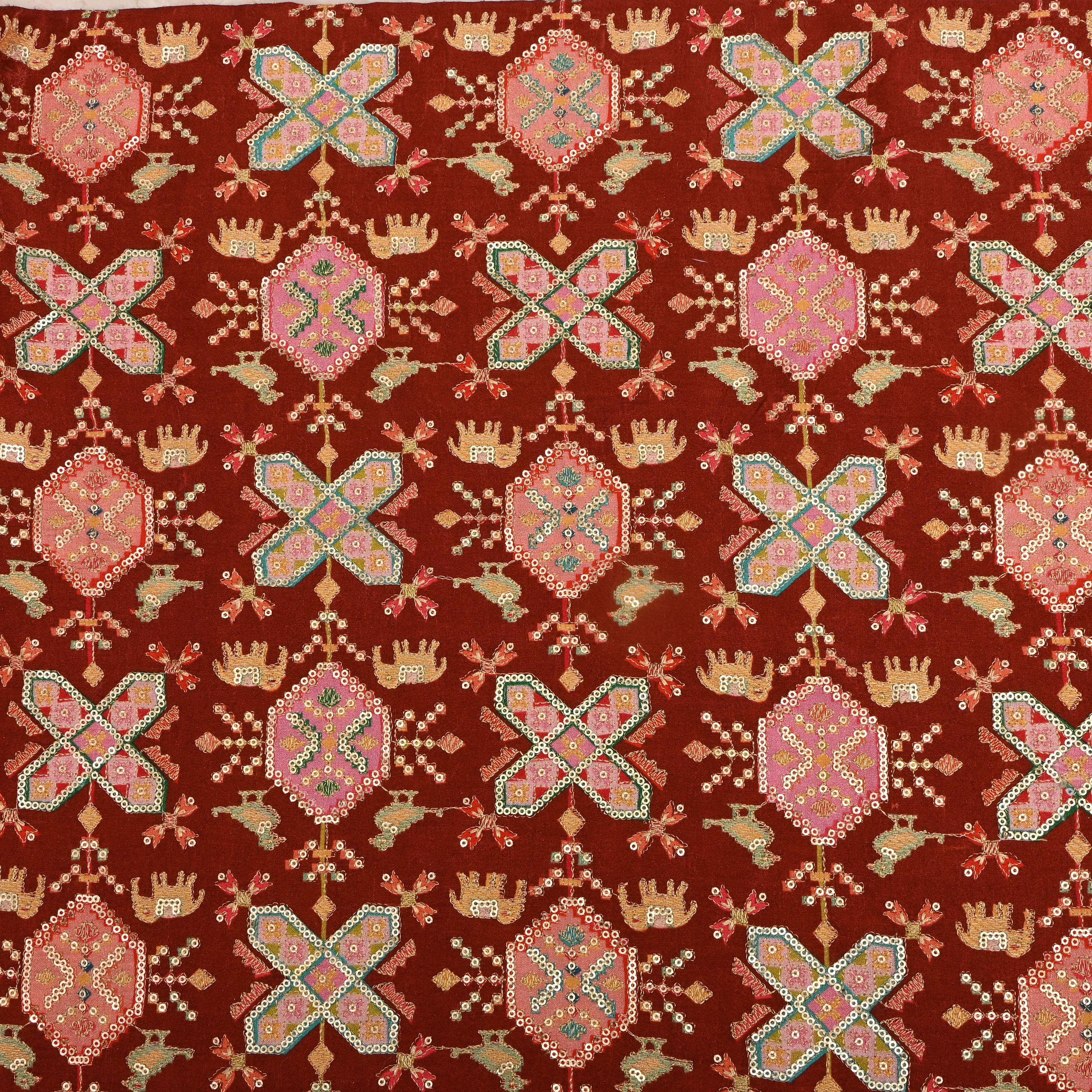 Chestnut Brown Silk Fabric With Printed Embroidery