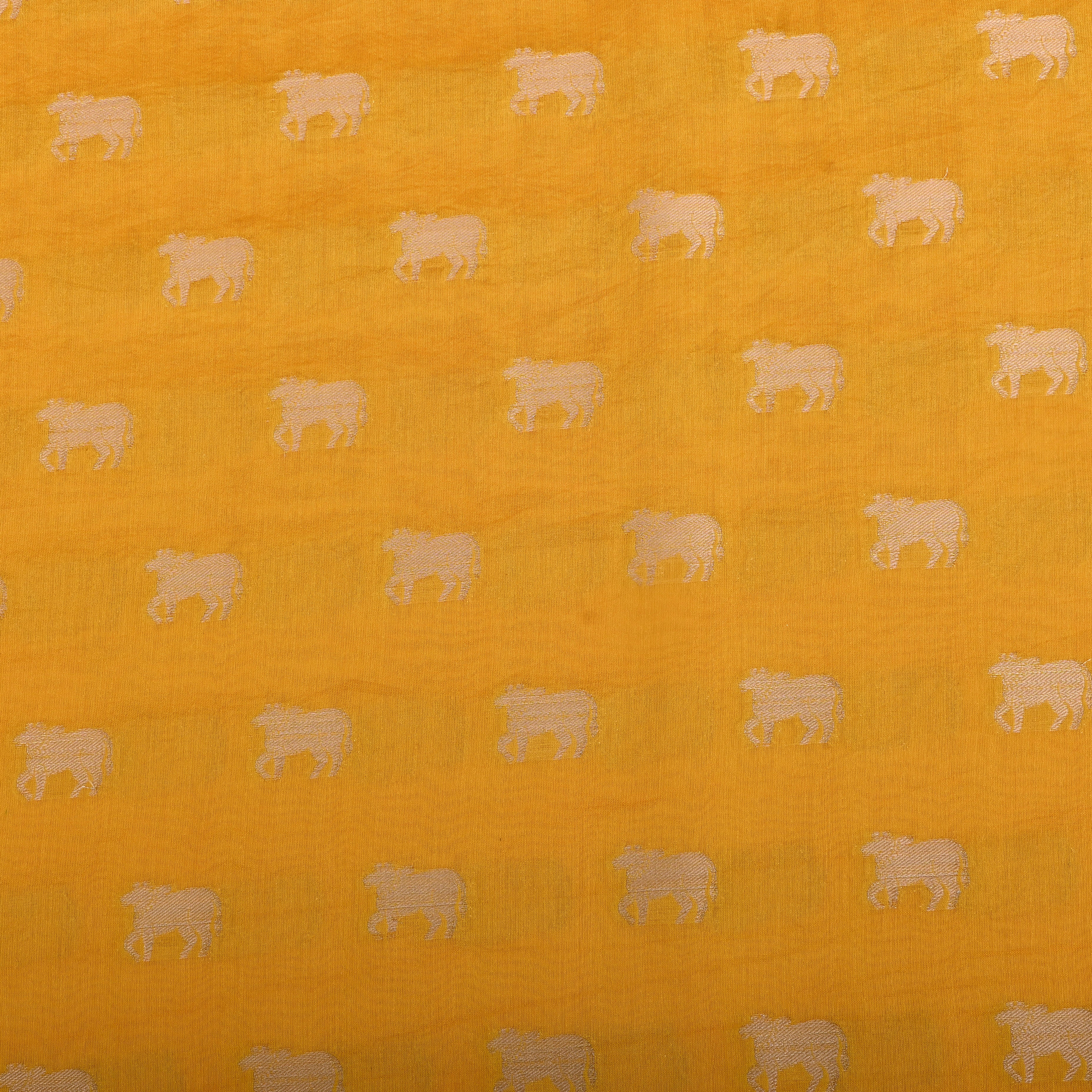Chinese Yellow With Kamdhenu Motifs On Silk Fabric