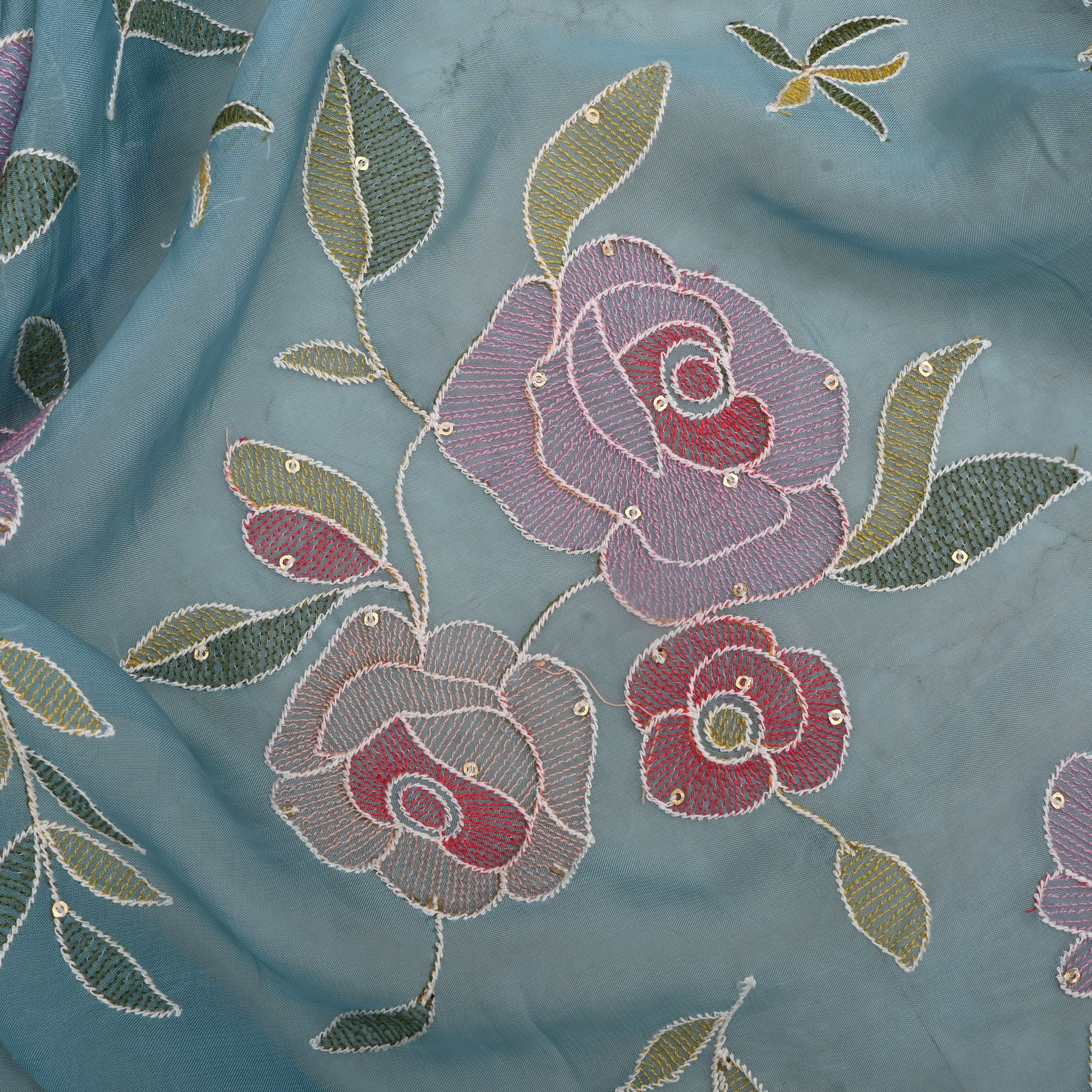 Dark Electric Blue Organza Fabric With Embroidery