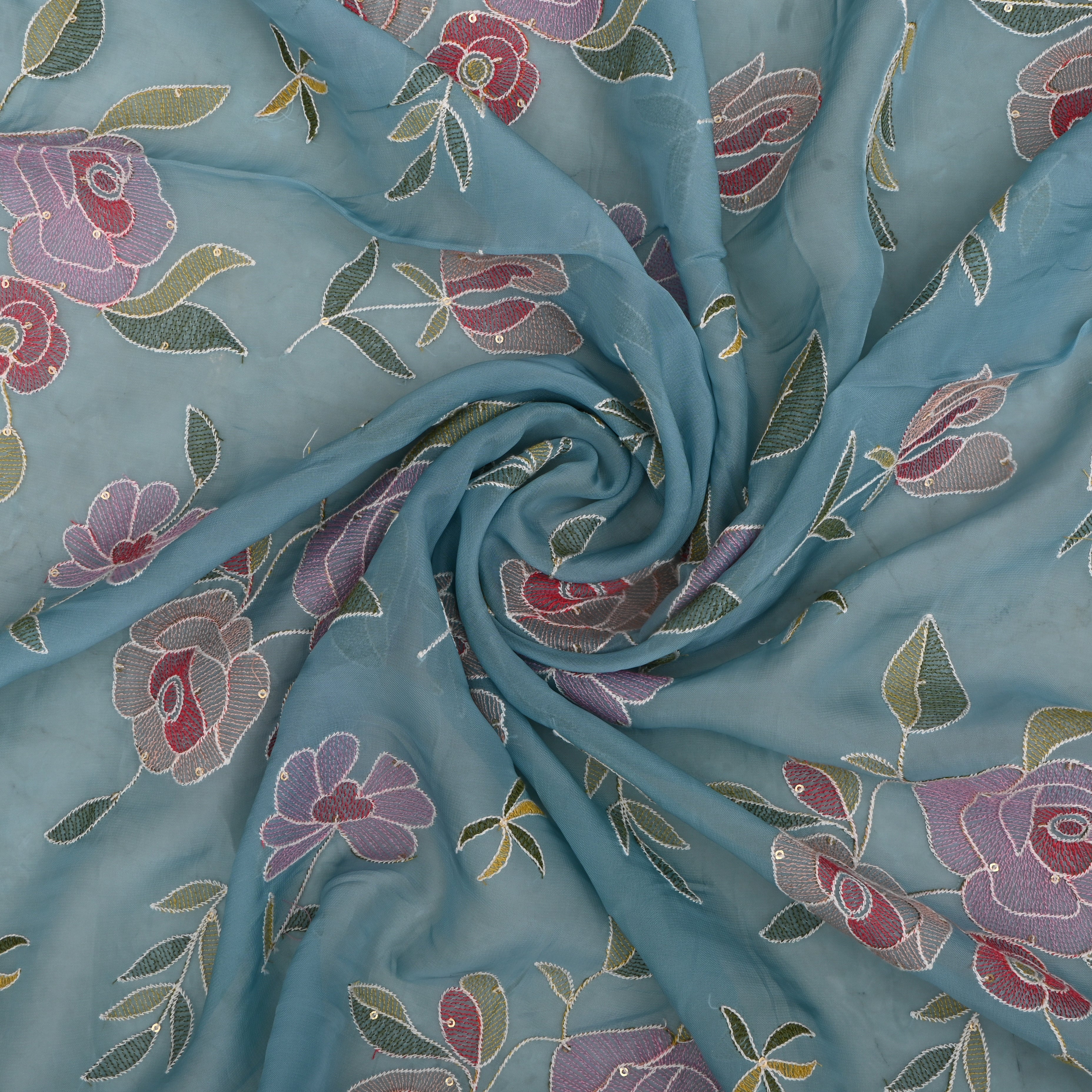 Dark Electric Blue Organza Fabric With Embroidery