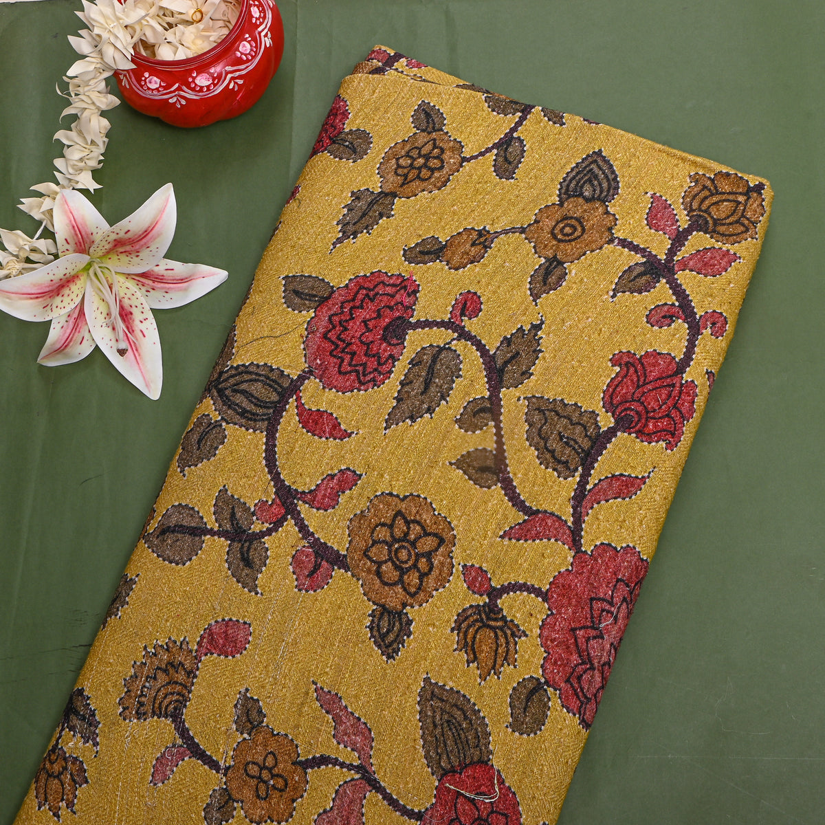 Mustard Yellow Floral Jaal Digital Print Raw Silk Fabric