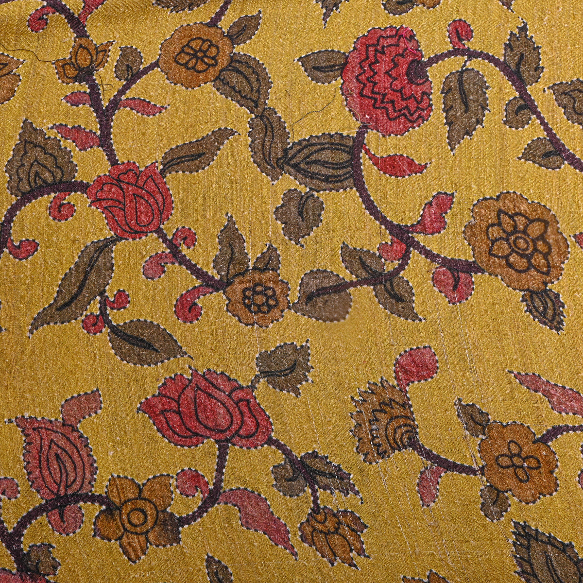 Mustard Yellow Floral Jaal Digital Print Raw Silk Fabric