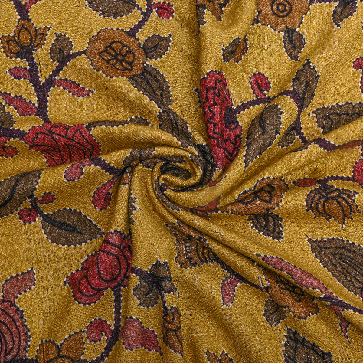 Mustard Yellow Floral Jaal Digital Print Raw Silk Fabric