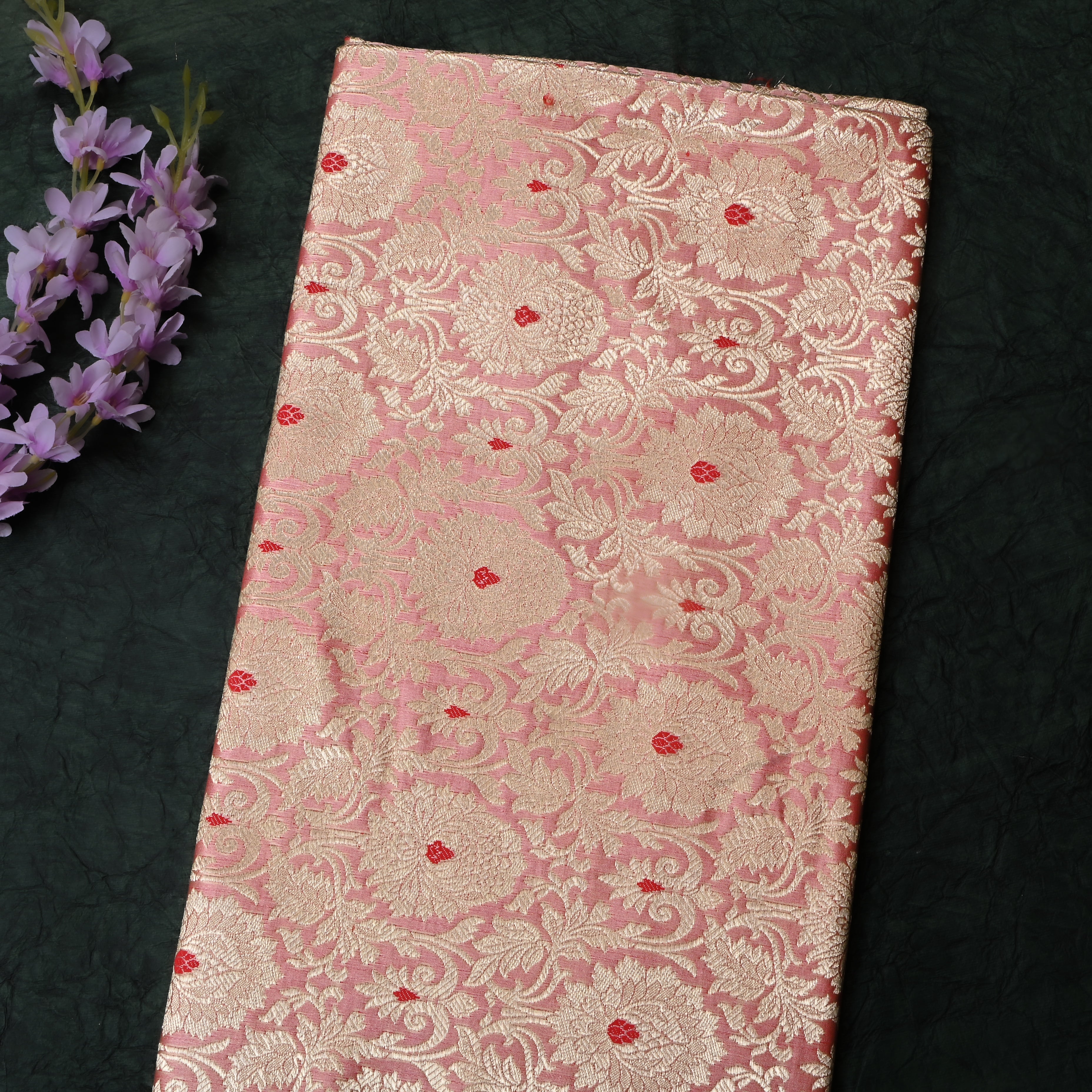 Pastel Pink Floral Jamawar Satin Fabric