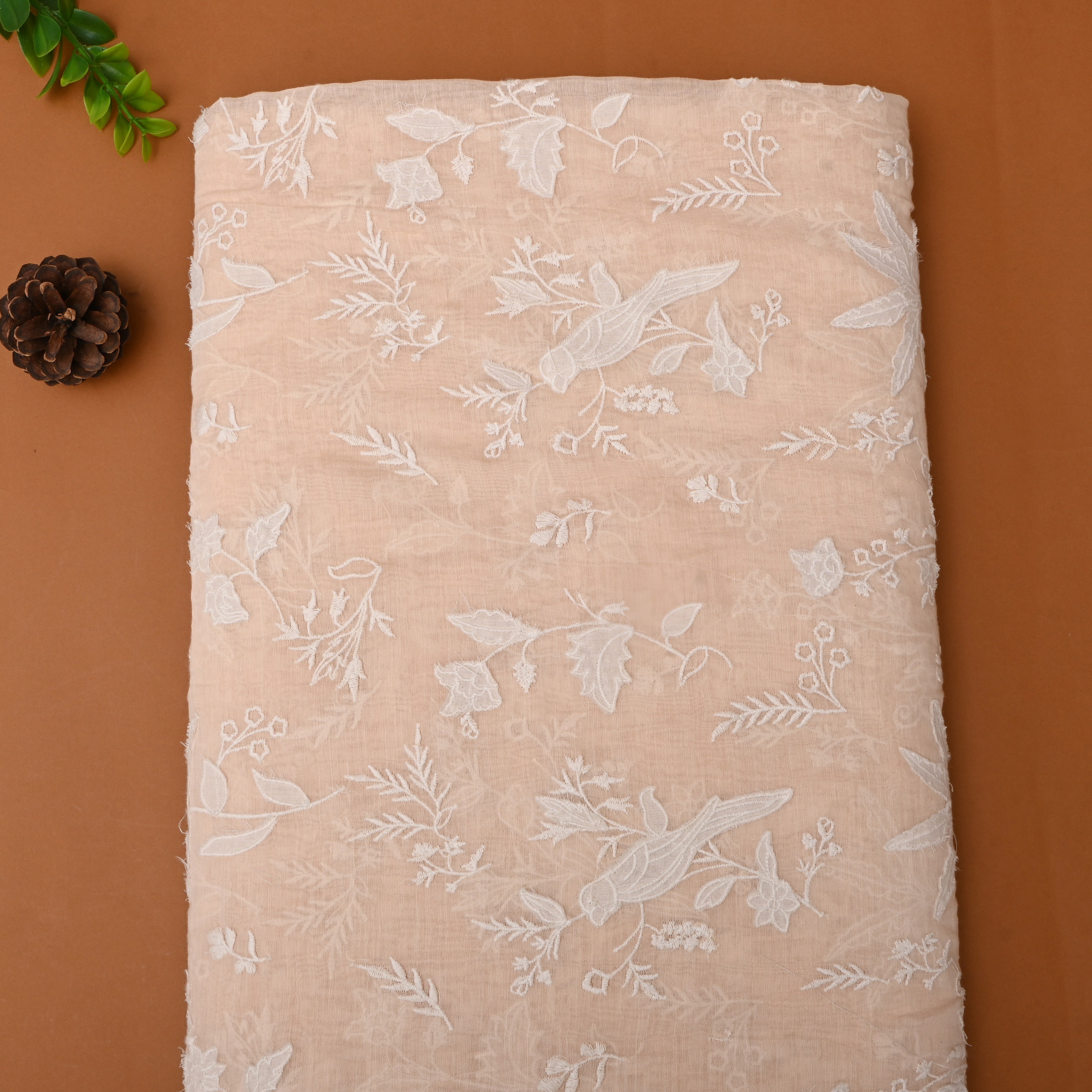 Pastel Beige Floral Embroidered Chanderi Fabric