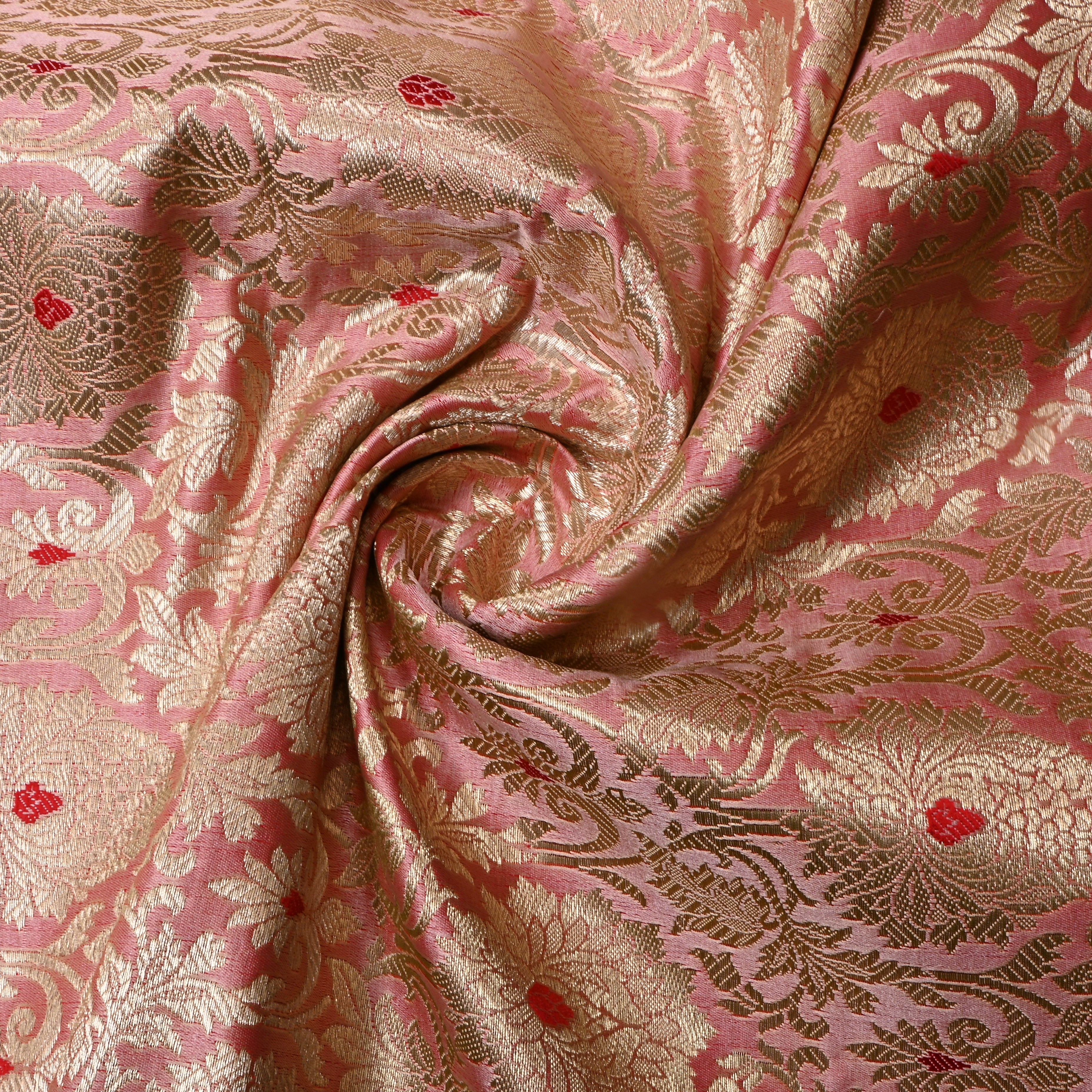 Pastel Pink Floral Jamawar Satin Fabric
