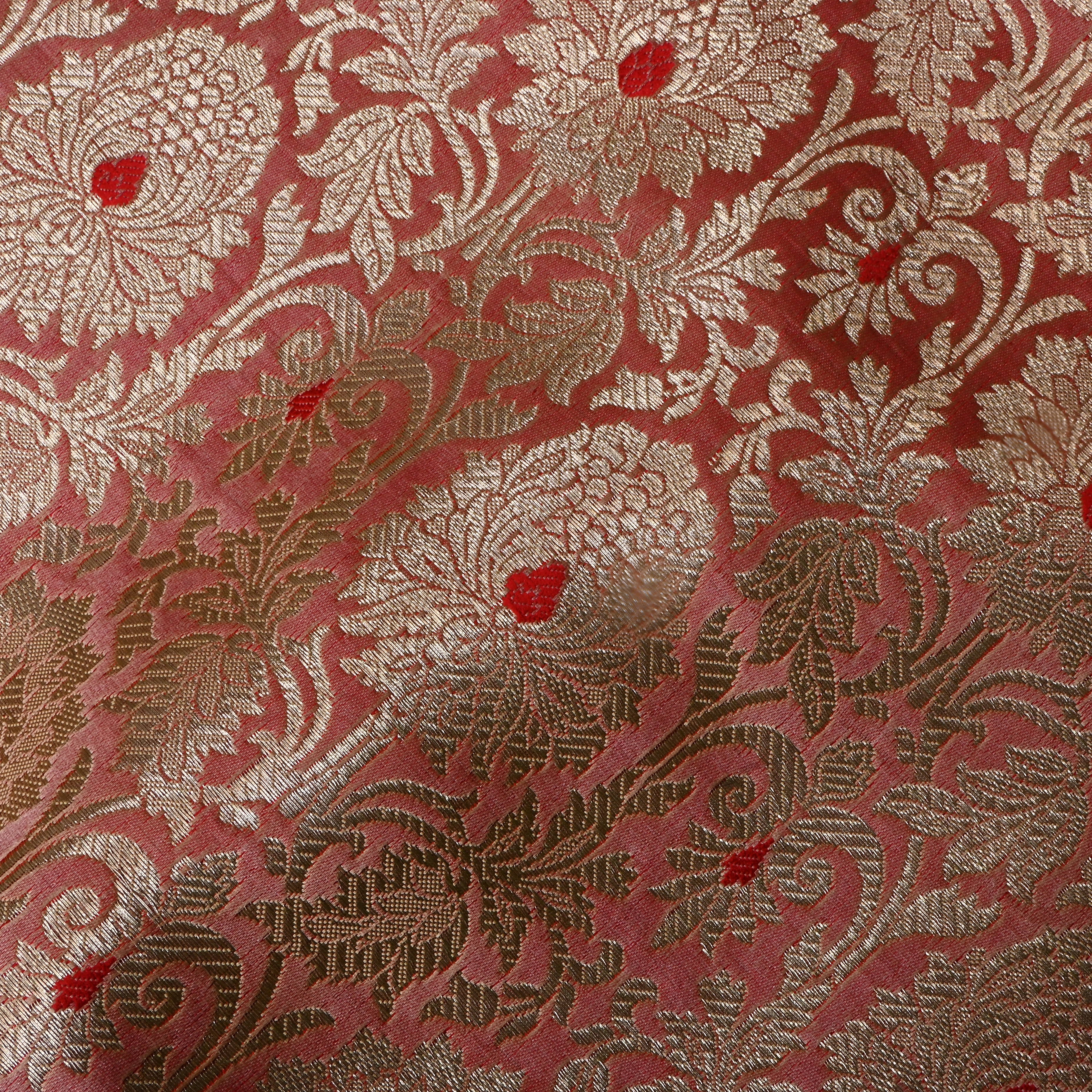 Pastel Pink Floral Jamawar Satin Fabric