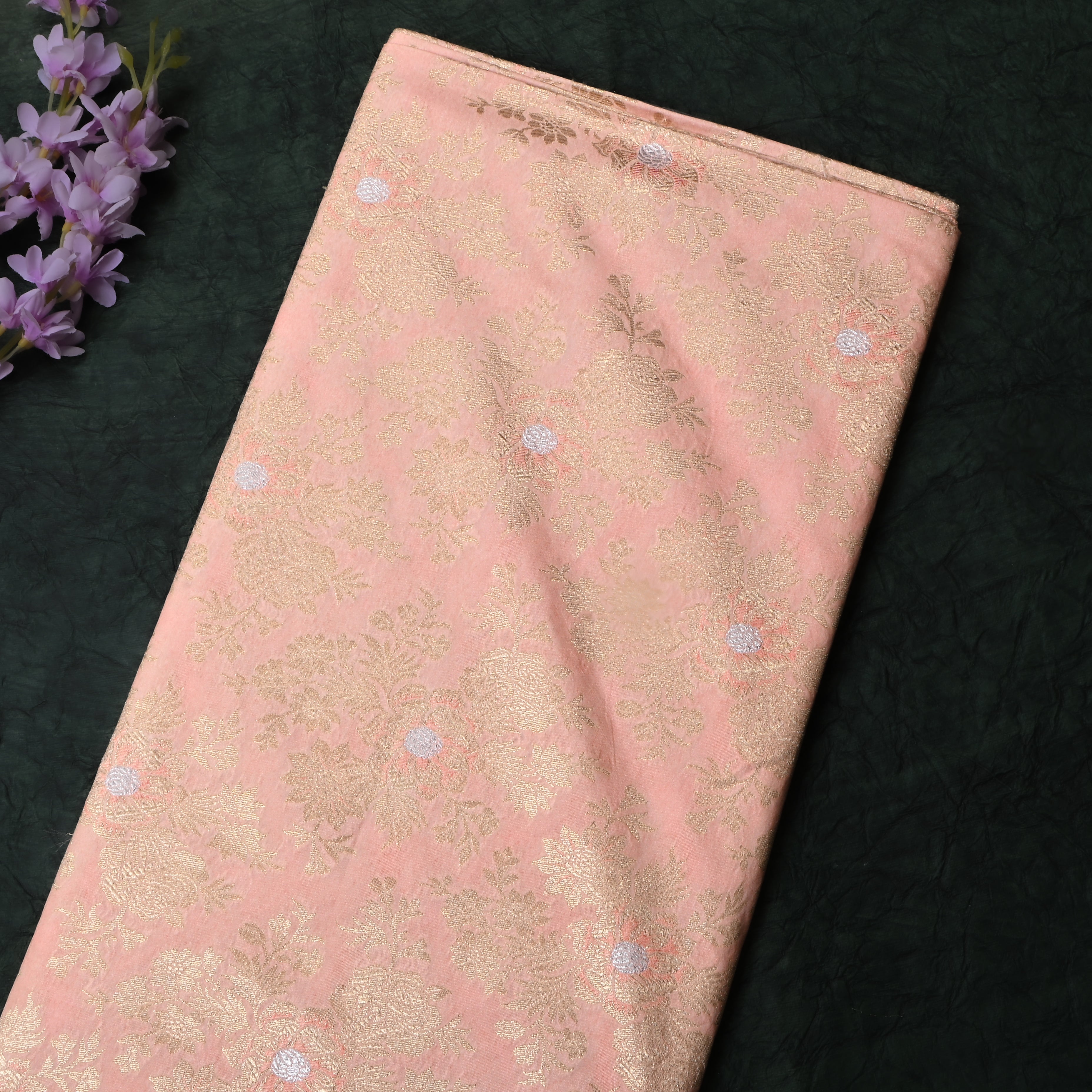 Pastel Pink Floral Jamawar Silk Fabric