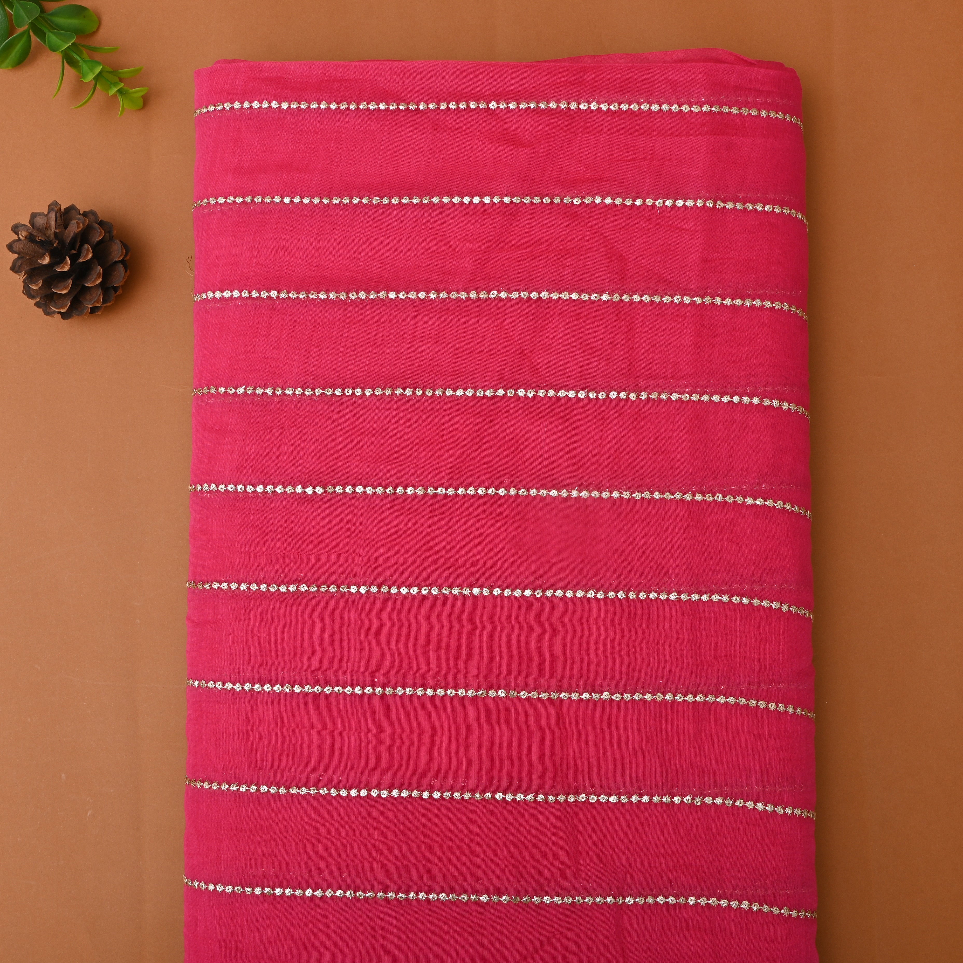 Bright Pink Sequin Embroidered Chanderi Fabric