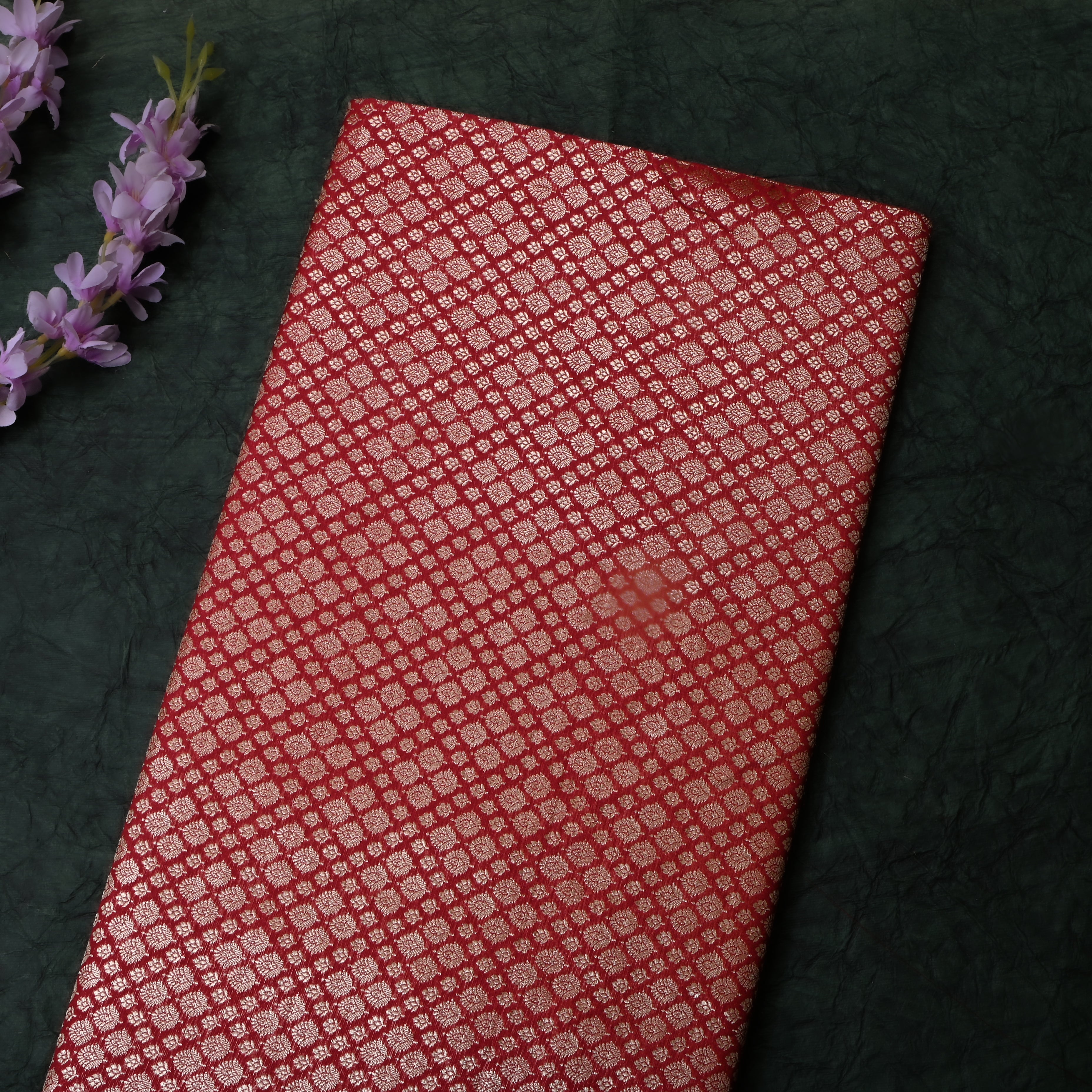 Deep Red Floral Jamawar Silk Fabric