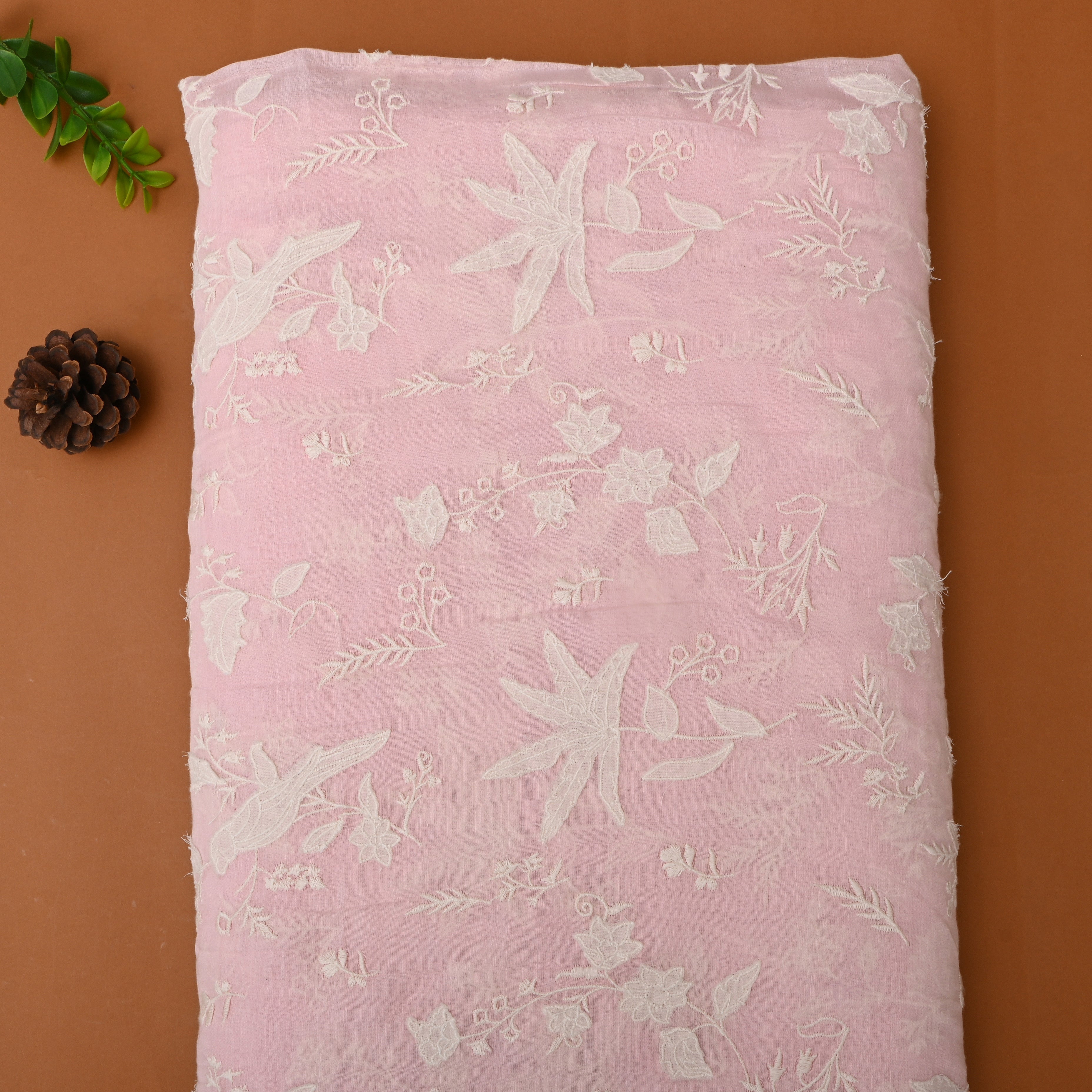 Pastel Pink Floral Embroidered Chanderi Fabric