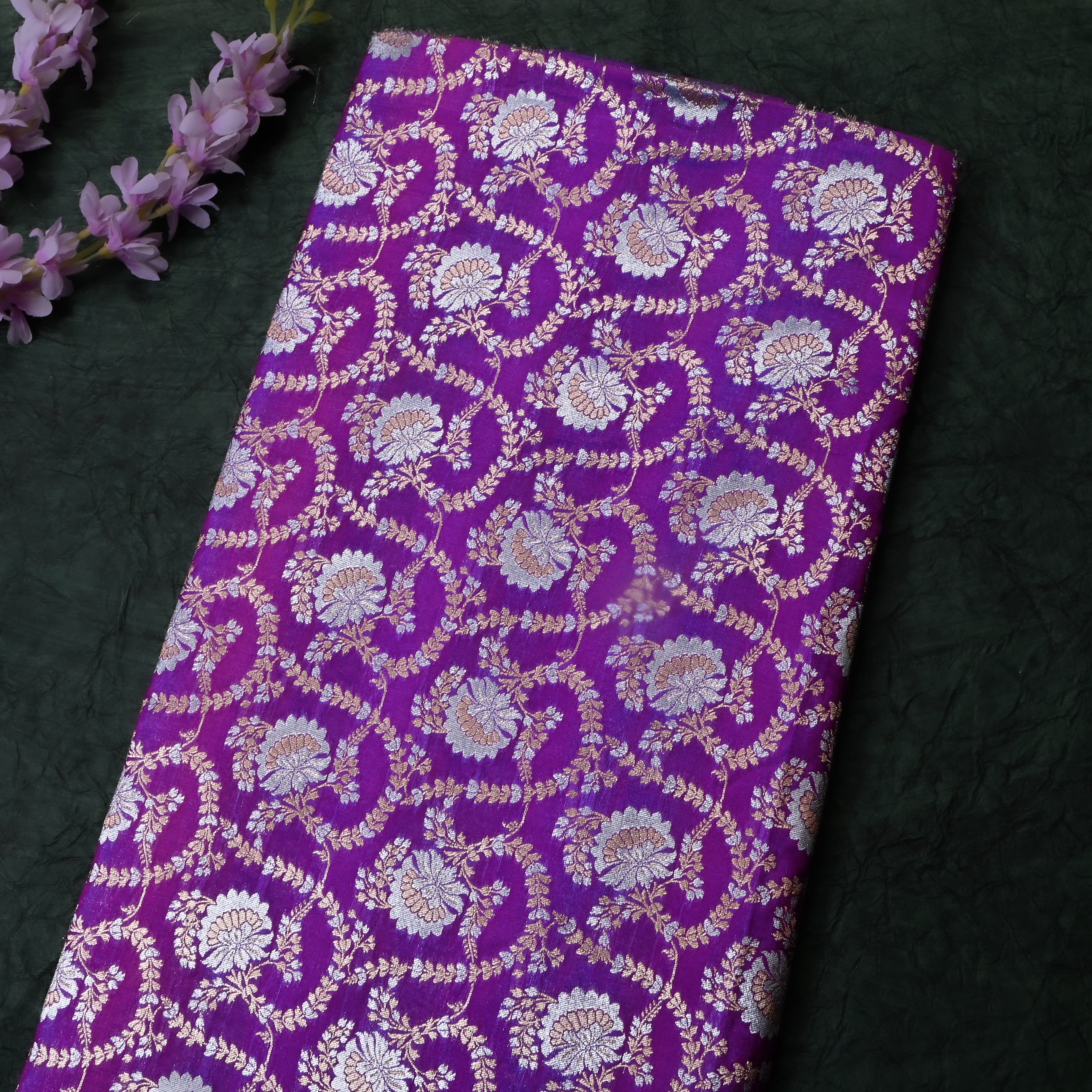 Purple Floral Jamawar Satin Fabric