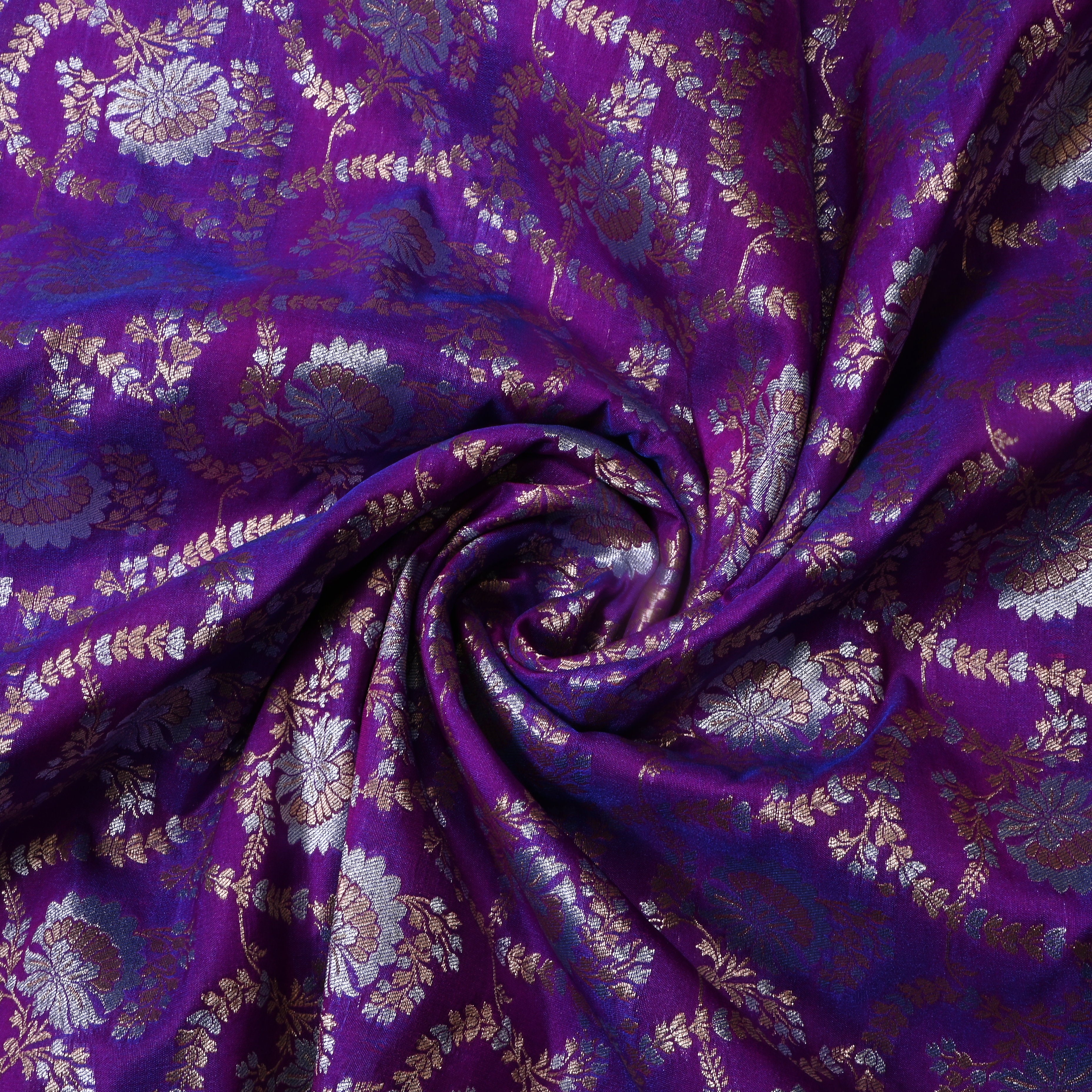Purple Floral Jamawar Satin Fabric