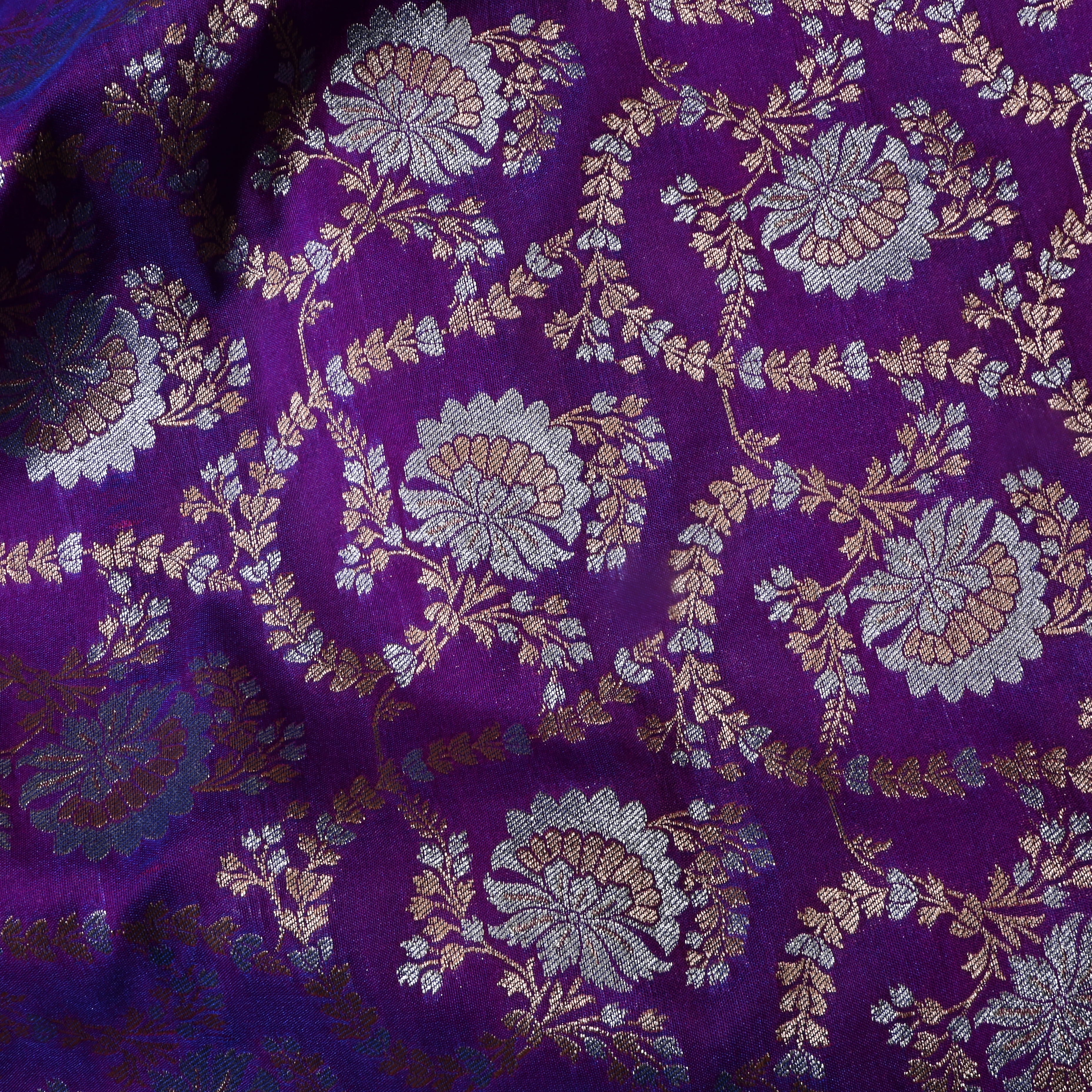 Purple Floral Jamawar Satin Fabric