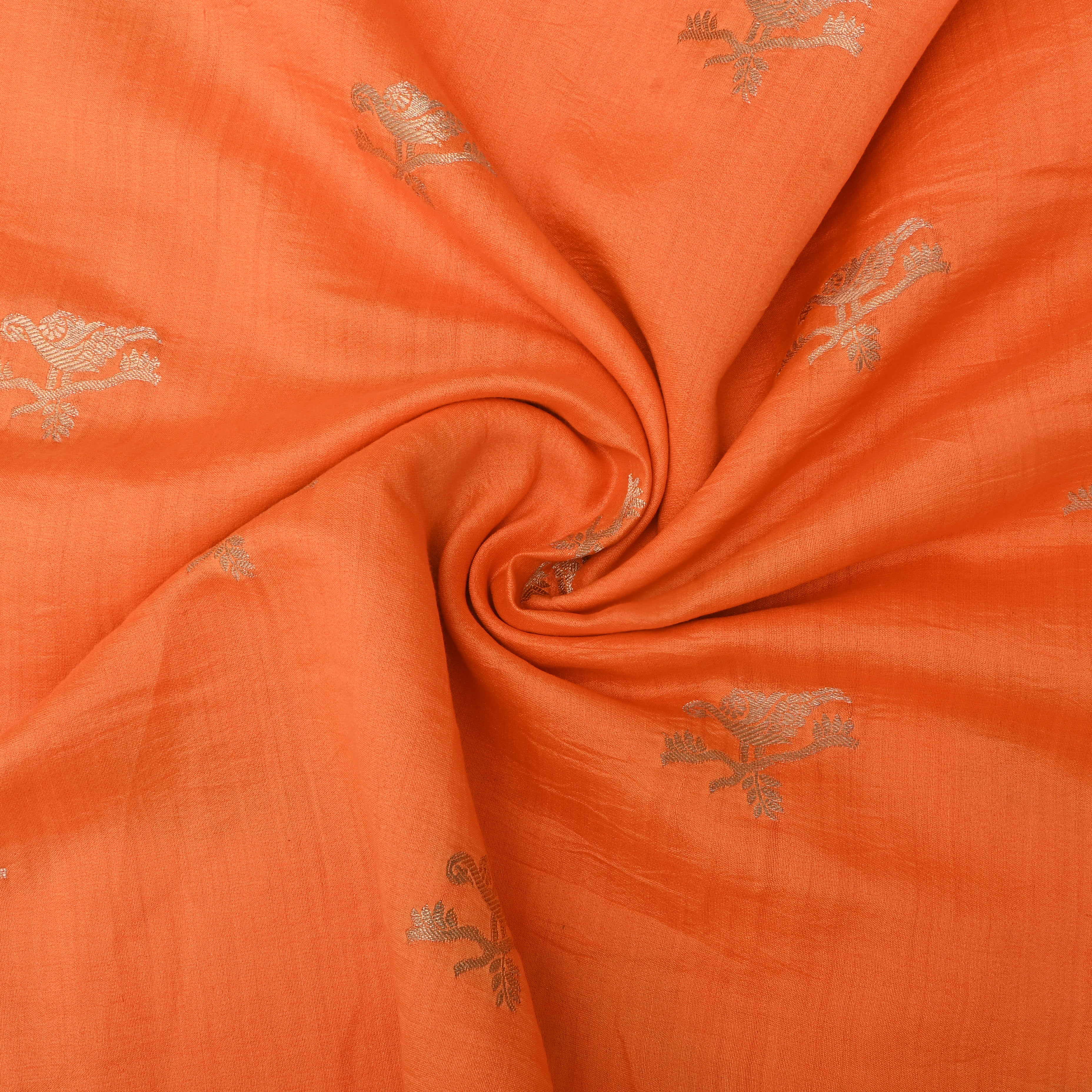 Bright Orange Floral Zari Weave Silk