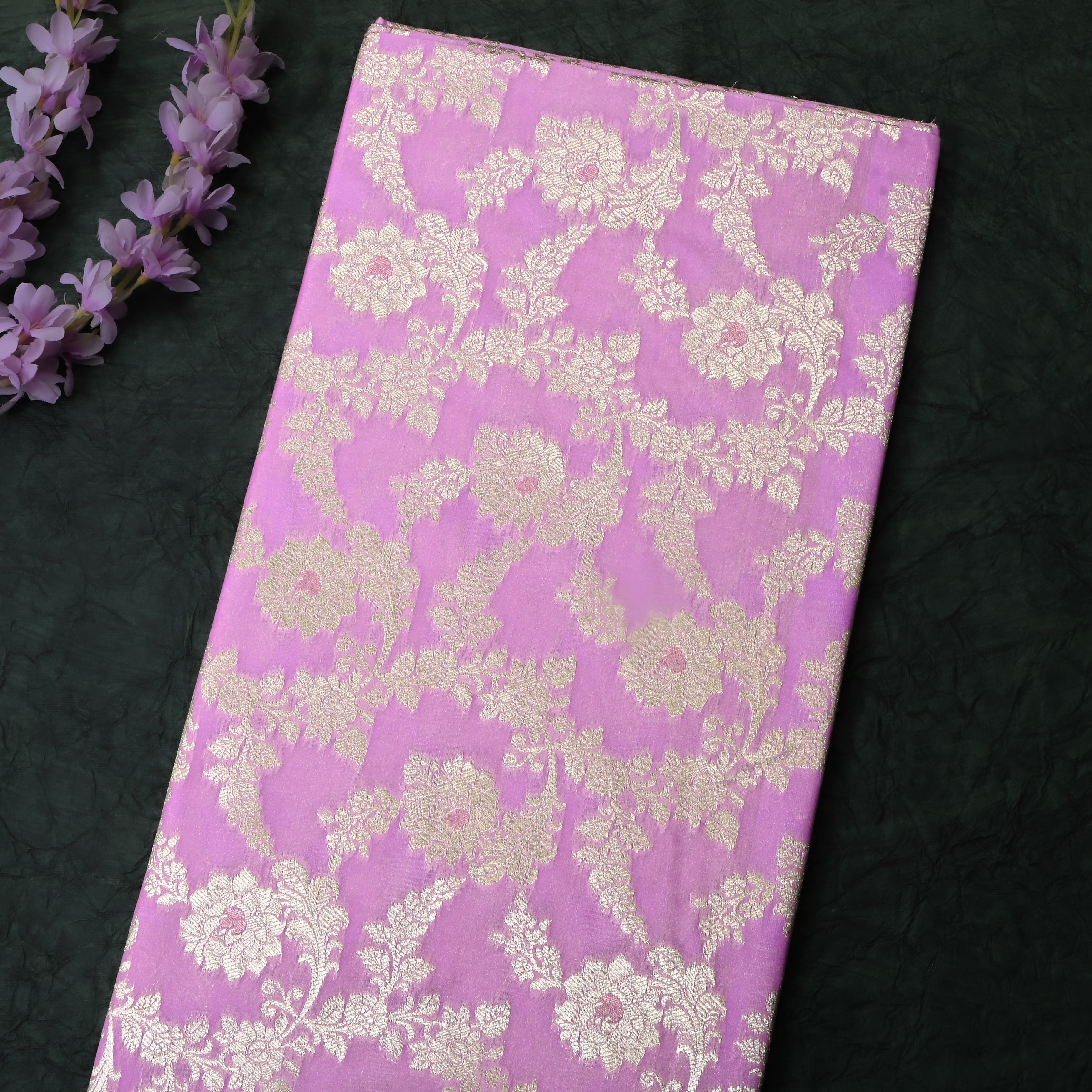Pink Lavender Floral Jamawar Silk Fabric