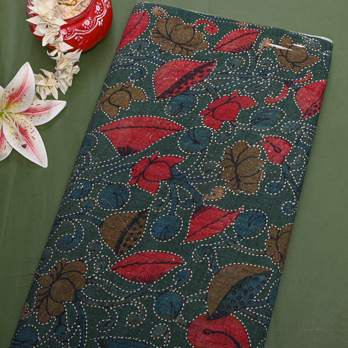 Forest Green Lotus Jaal Digital Print Raw Silk Fabric