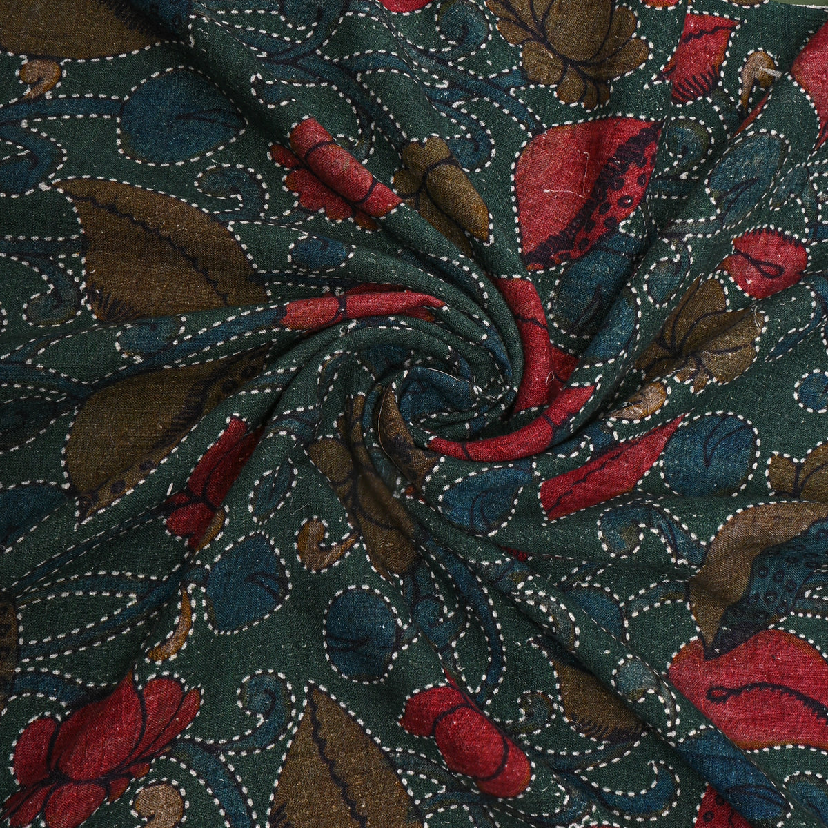Forest Green Lotus Jaal Digital Print Raw Silk Fabric