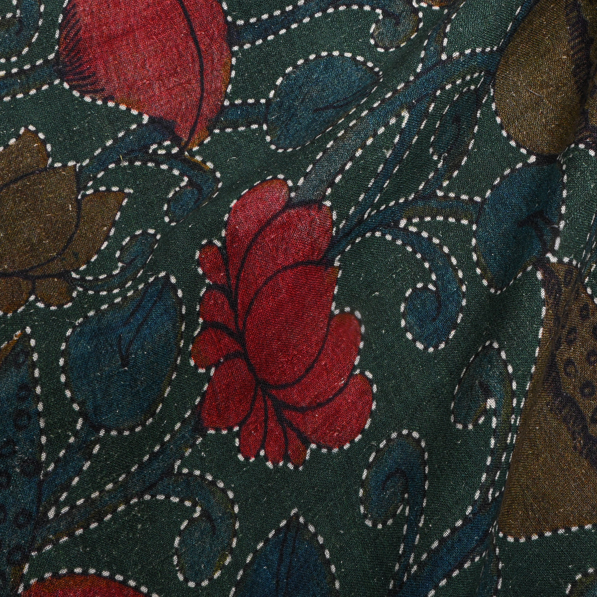 Forest Green Lotus Jaal Digital Print Raw Silk Fabric
