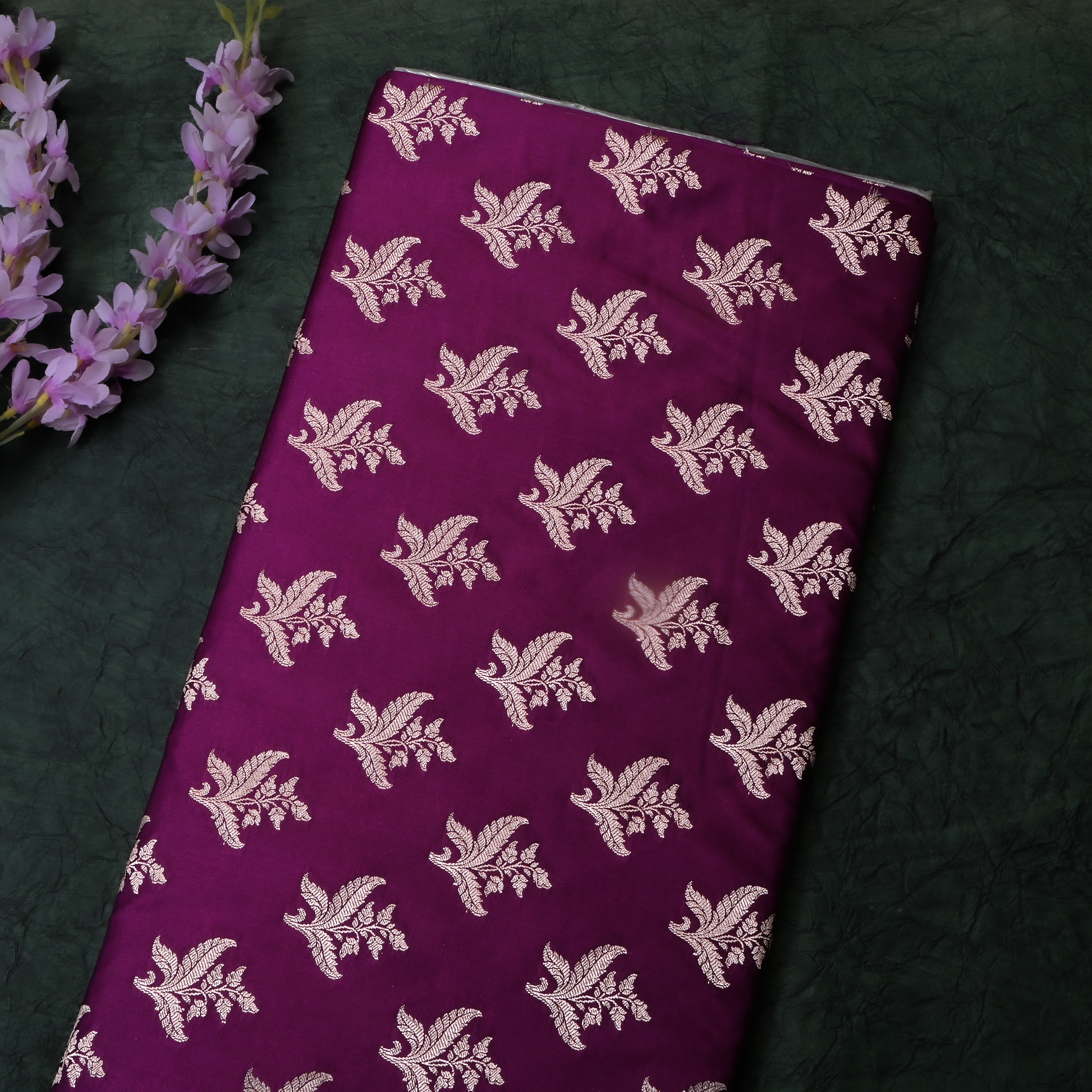 Berry Purple Floral Woven Jamawar Satin Fabric
