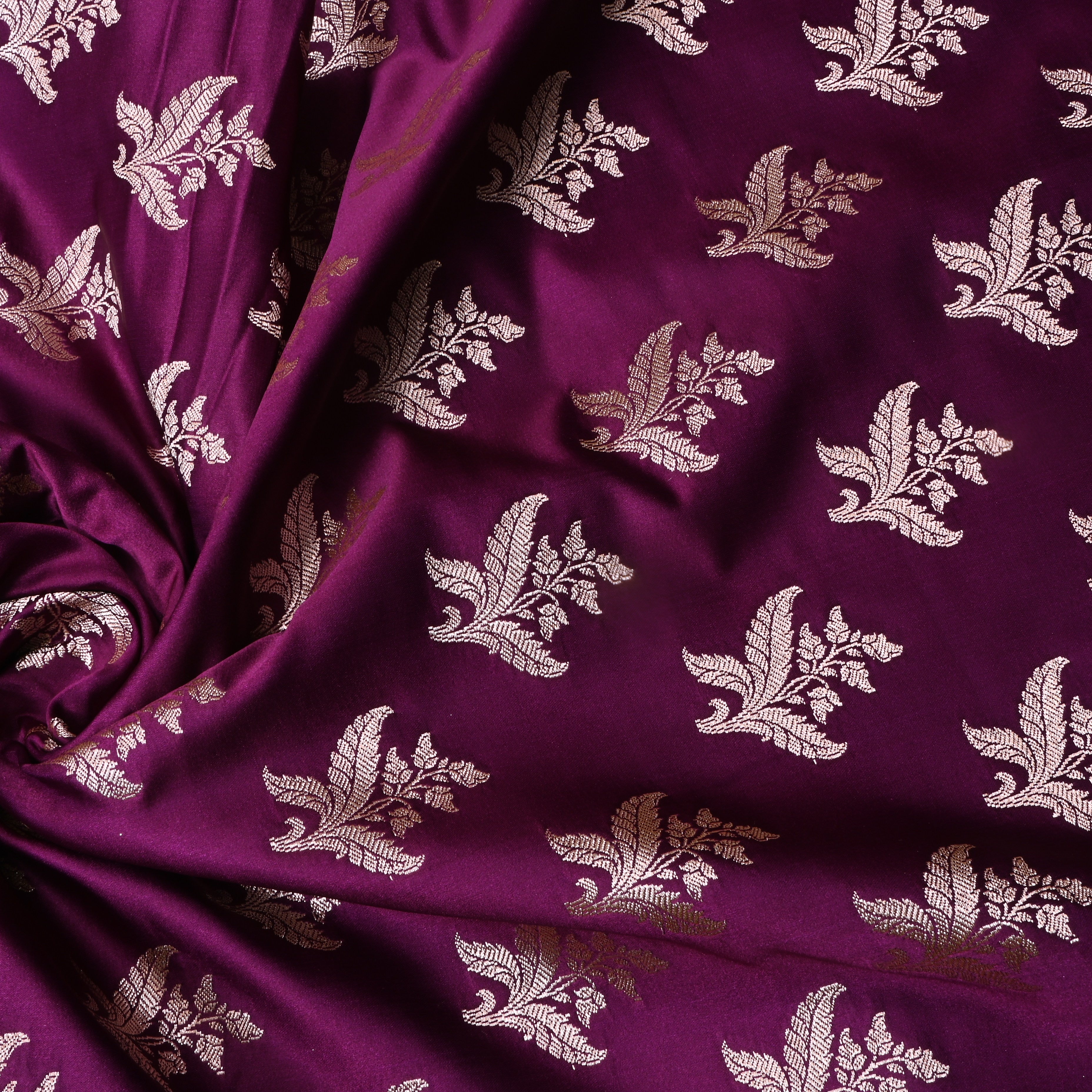 Berry Purple Floral Woven Jamawar Satin Fabric