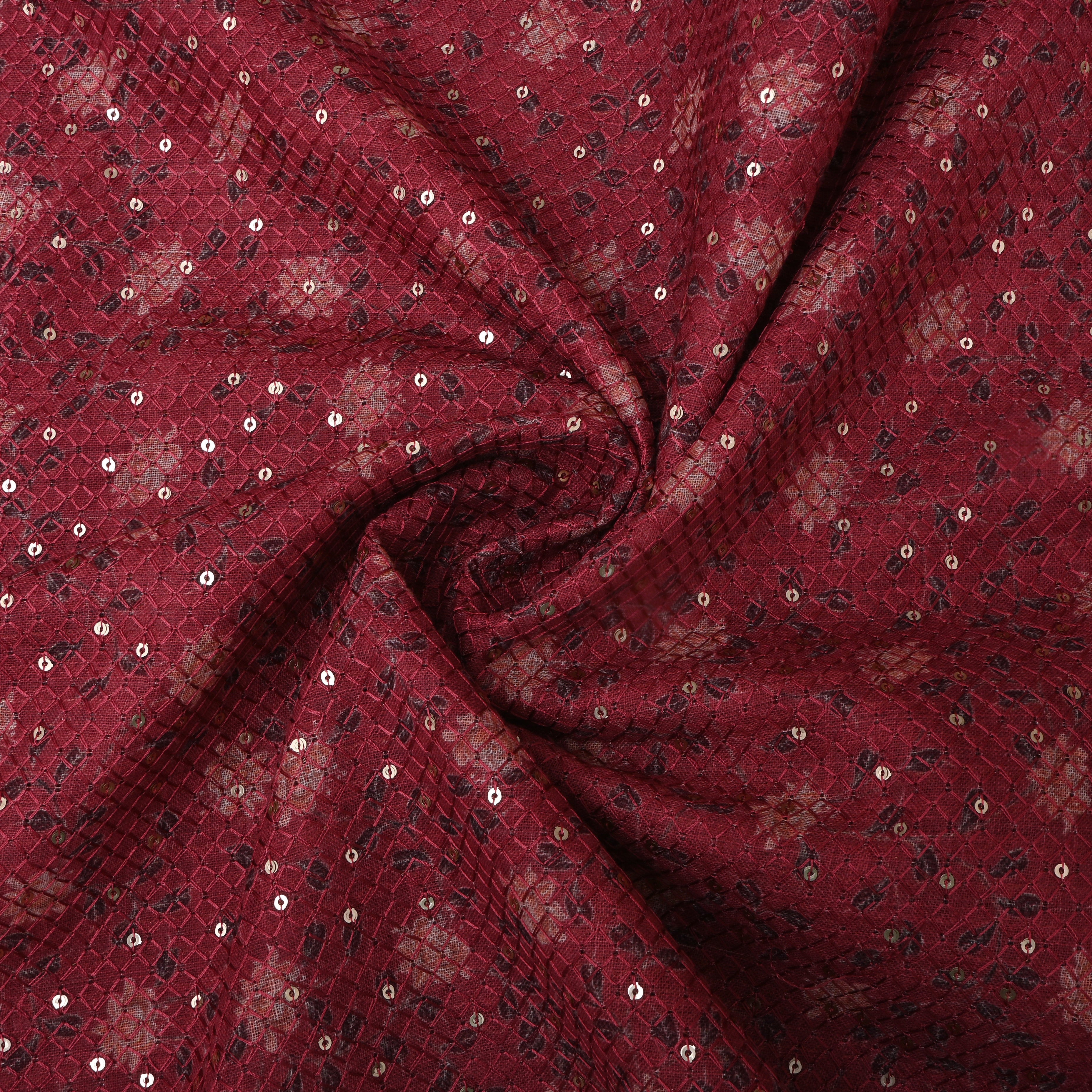 Pinkish Maroon Sequin Thread Work Floral Linen Fabric
