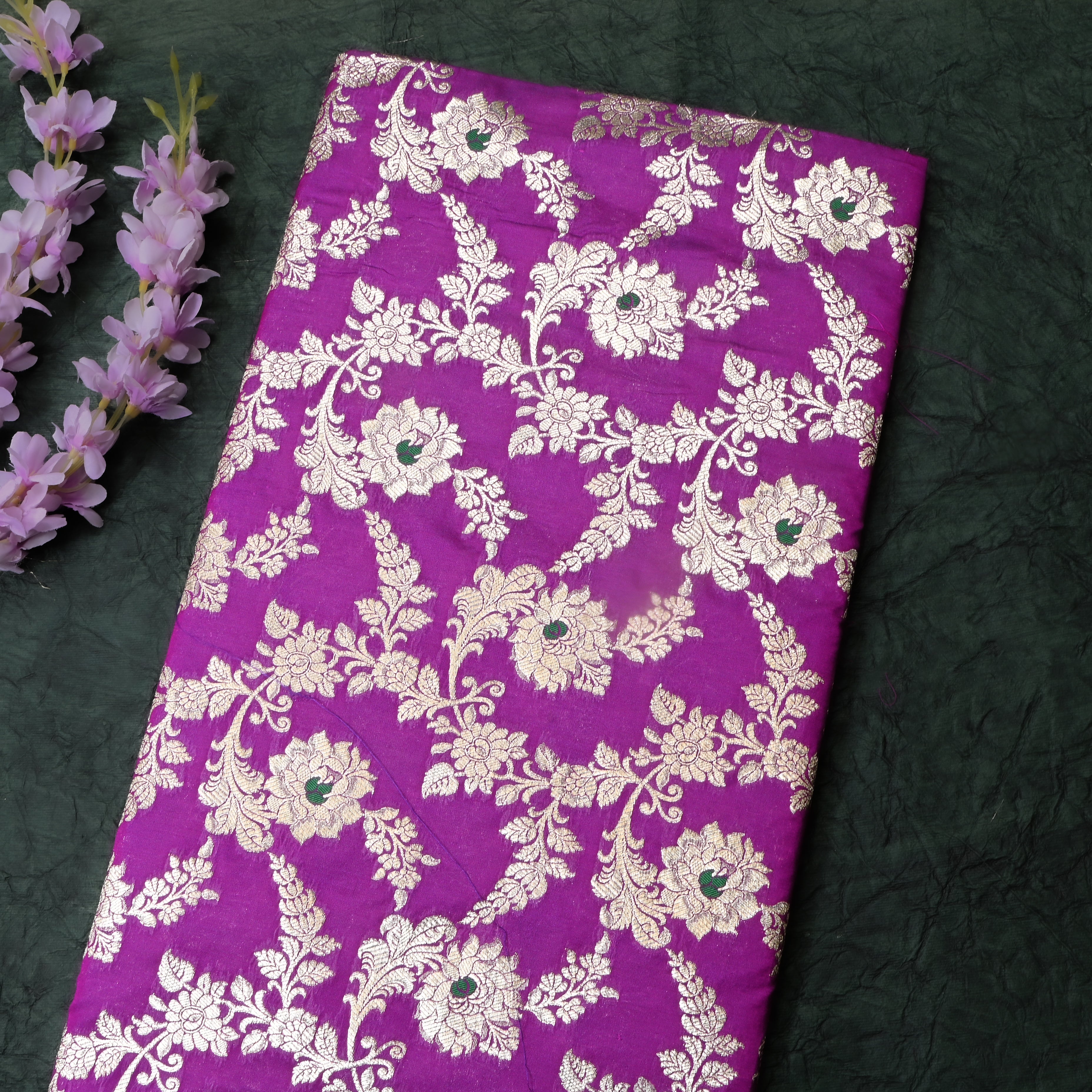 Purple Heart Floral Zari Jamawar Silk Fabric