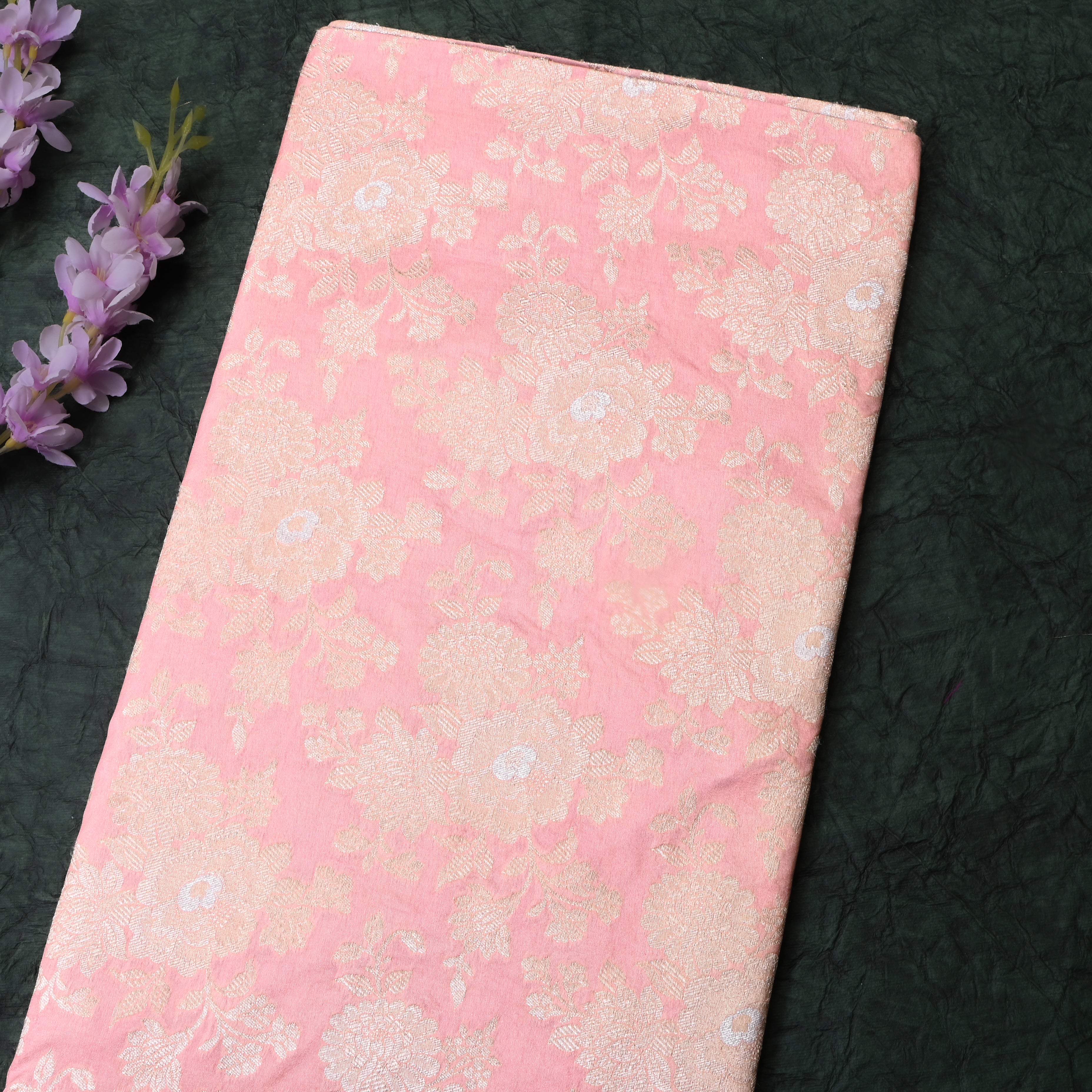 Pastel Baby Pink Floral Jamawar Silk Fabric