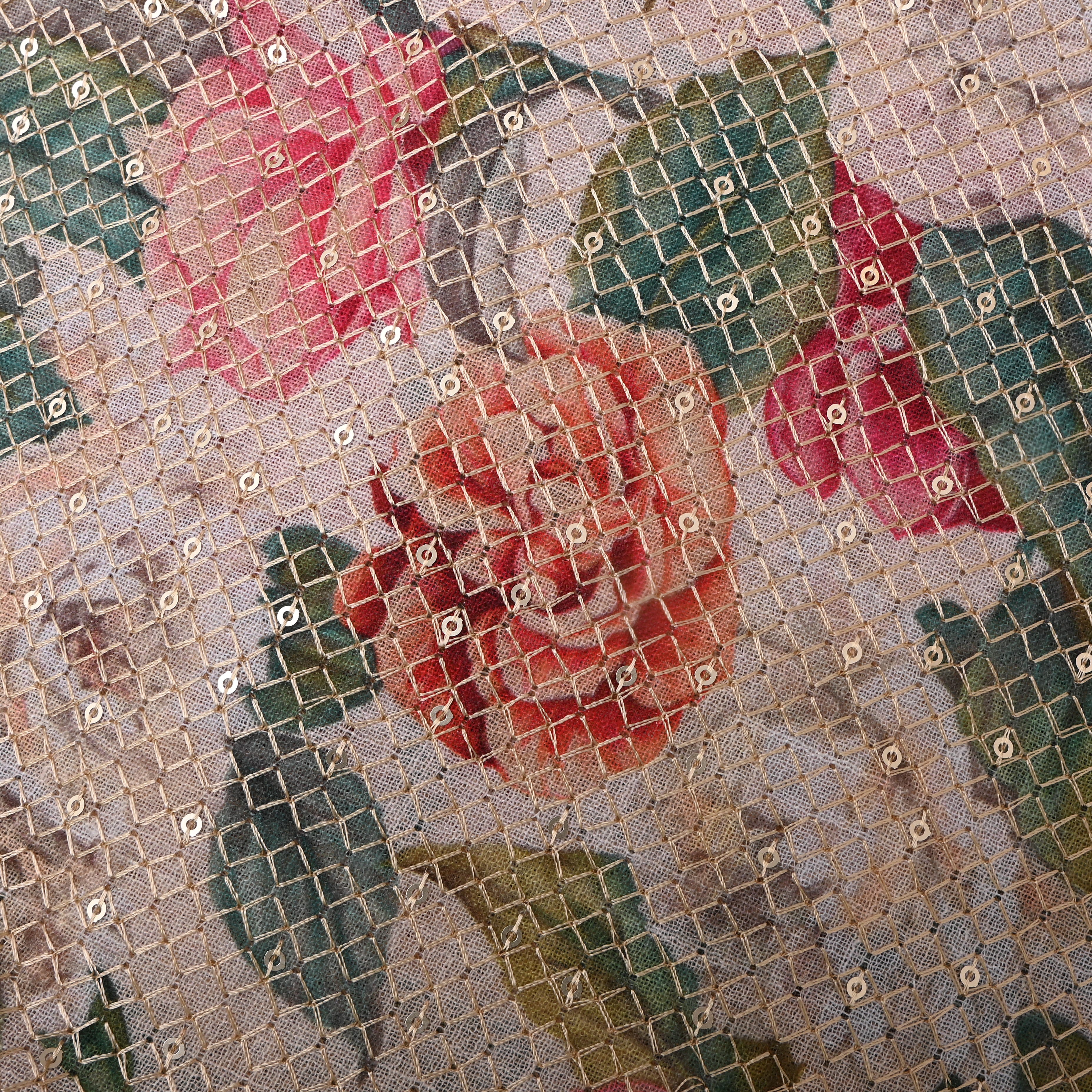 Off-White Sequin Thread Work Floral Linen Fabric