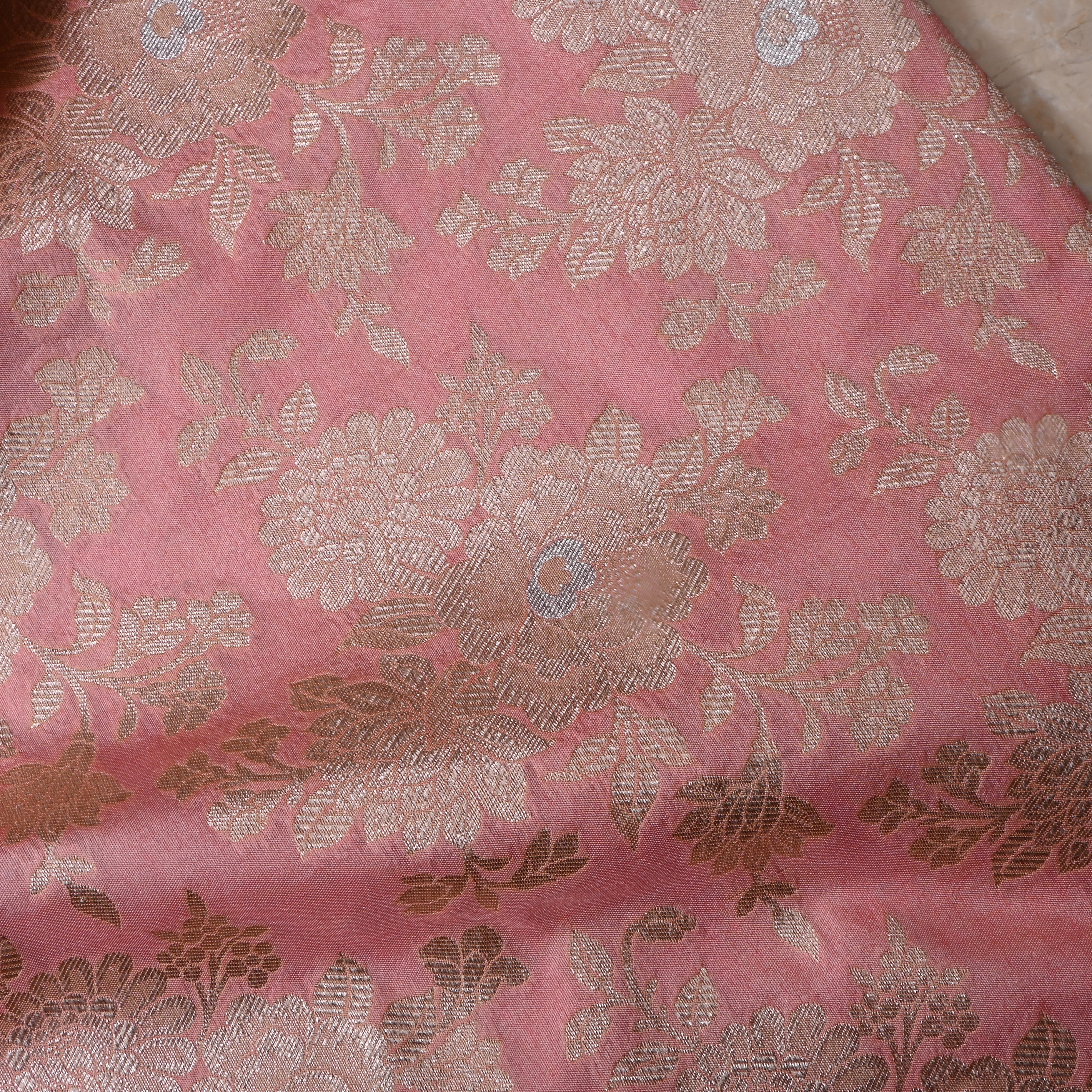 Pastel Baby Pink Floral Jamawar Silk Fabric