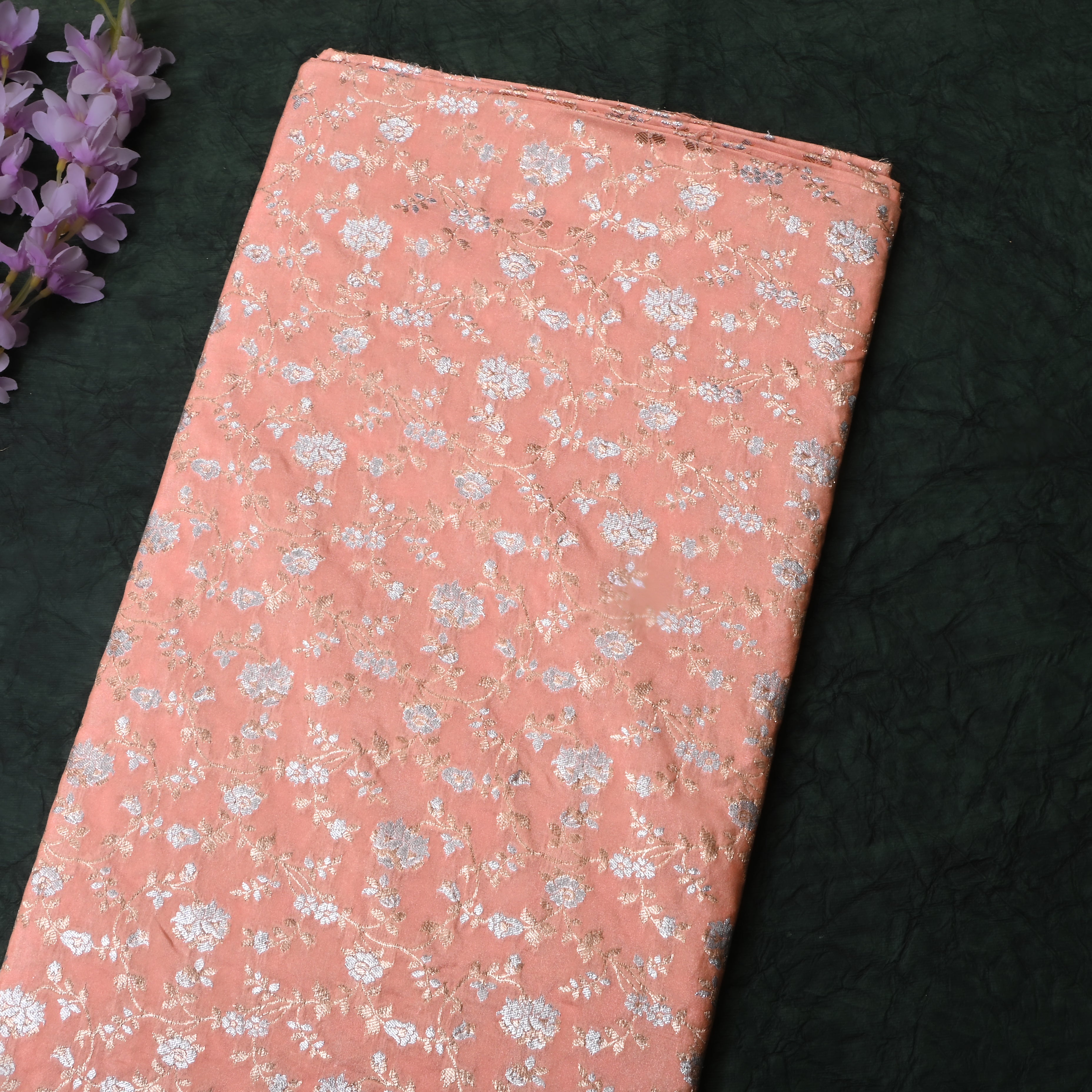 Light Peach Pink Floral Jamawar Silk Fabric