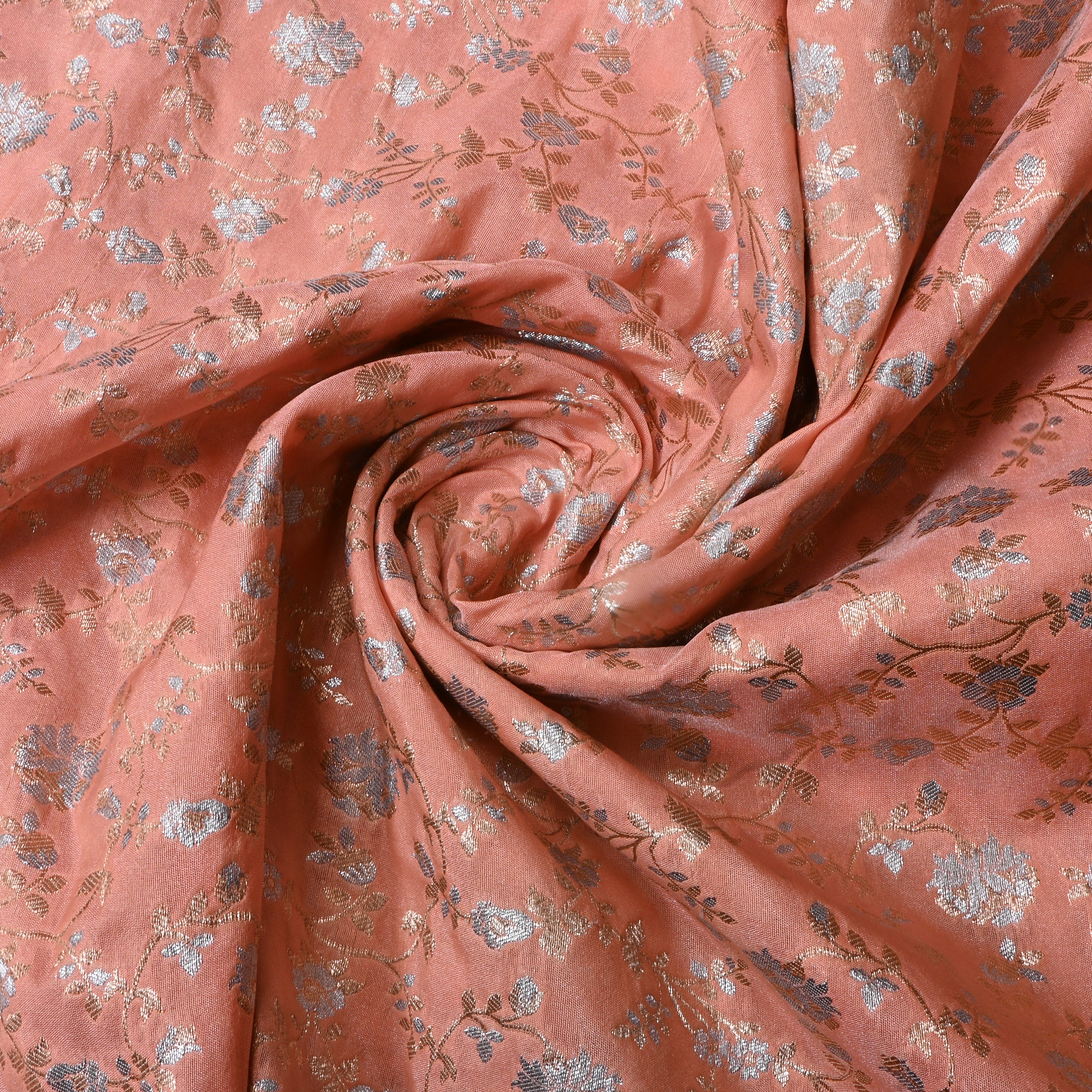 Light Peach Pink Floral Jamawar Silk Fabric