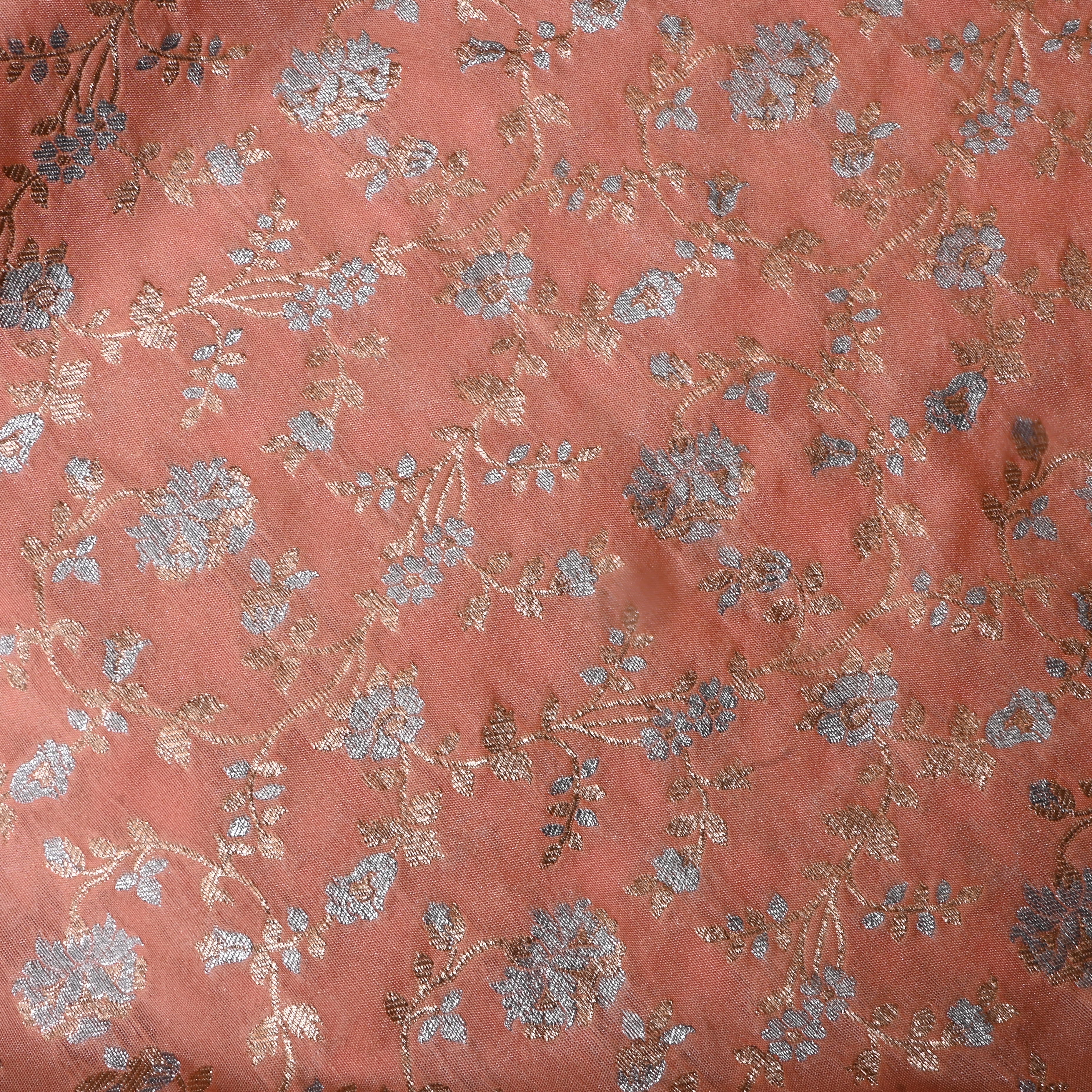 Light Peach Pink Floral Jamawar Silk Fabric