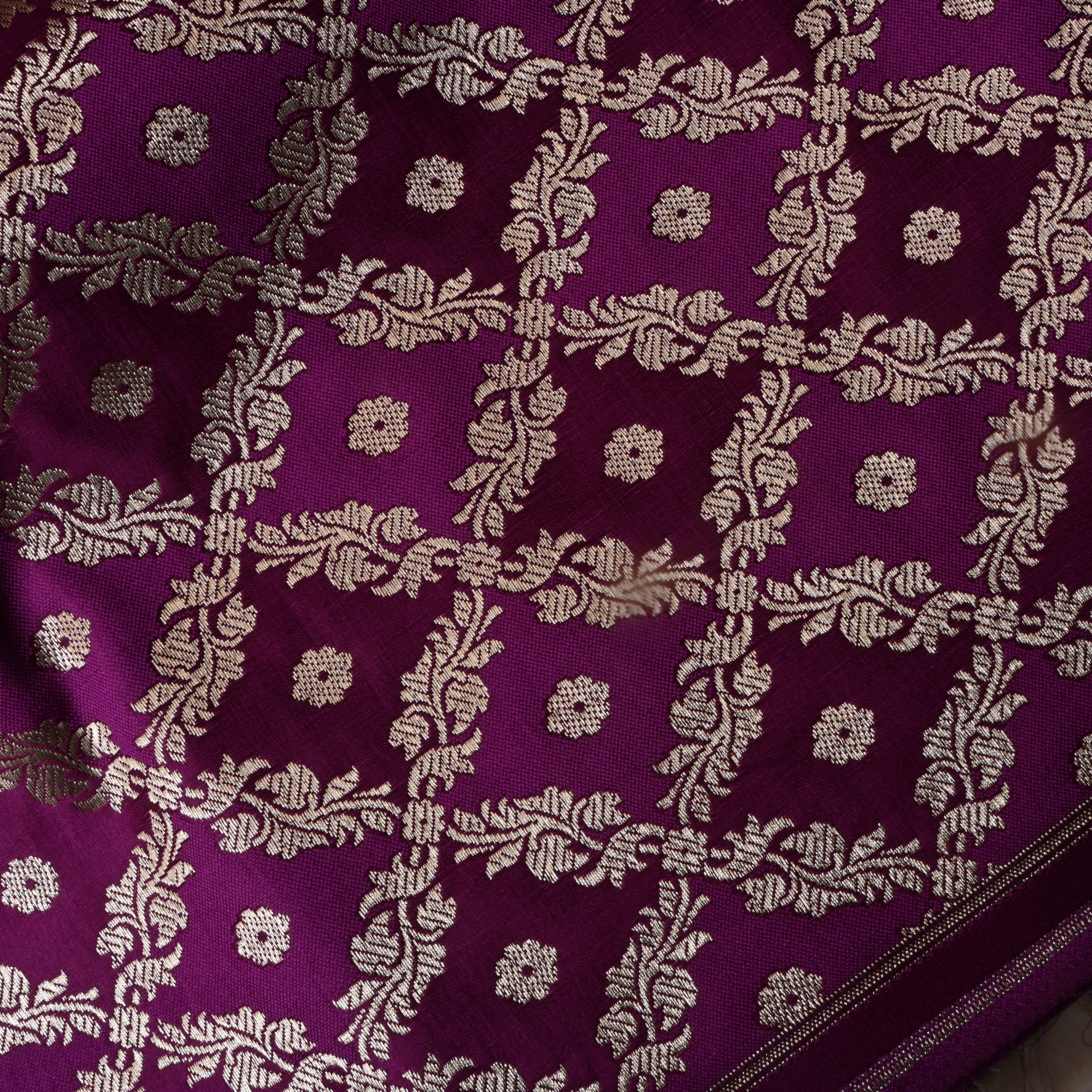 Dual Shade Purple Floral Jamawar Satin Fabric