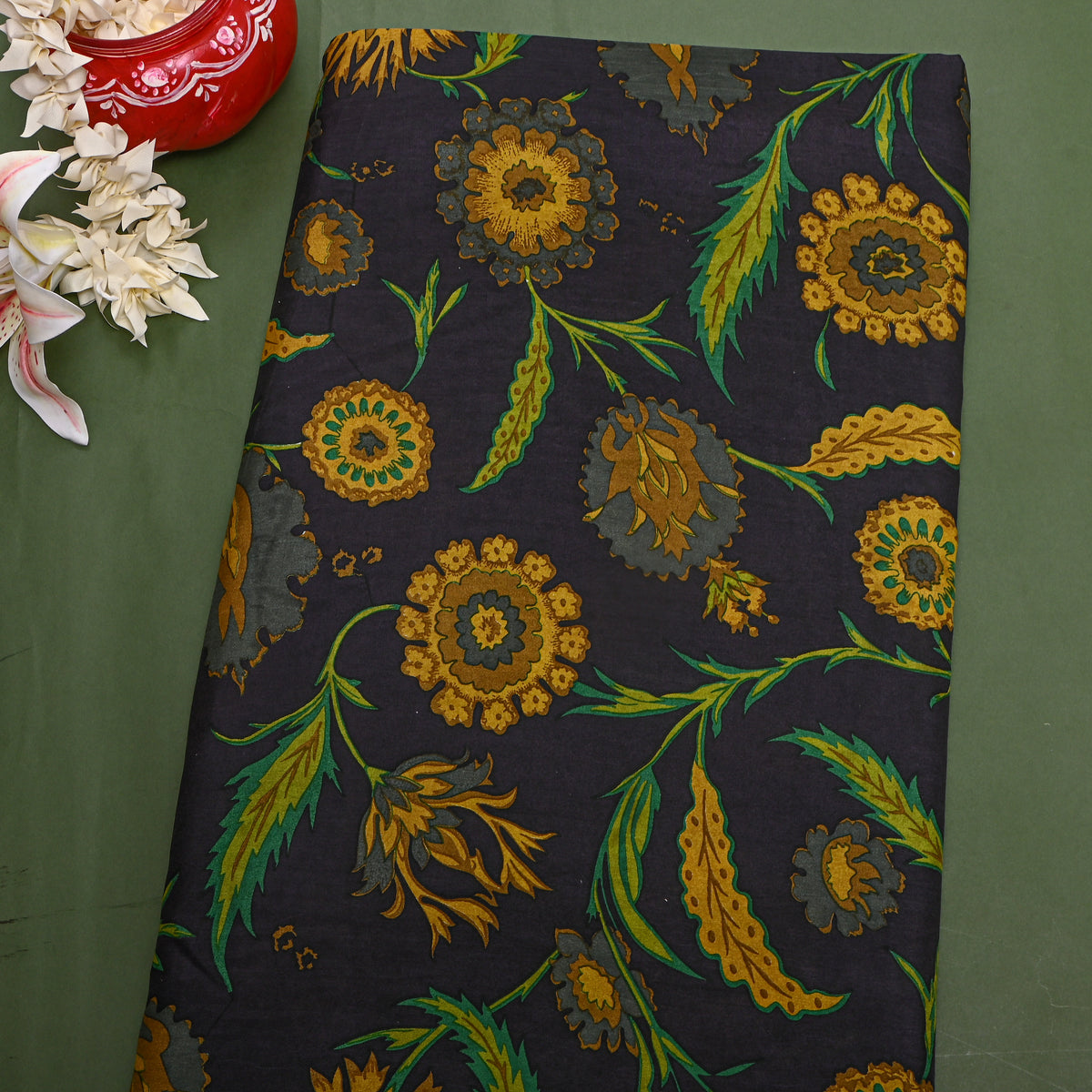 Dark Black With Mustard Floral Vine Print Silk Fabric