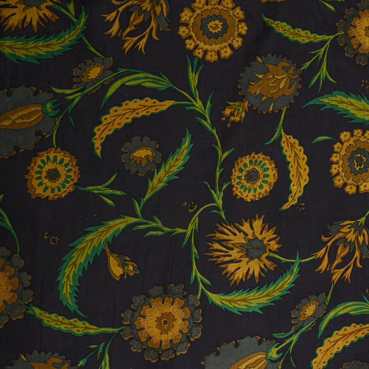 Dark Black With Mustard Floral Vine Print Silk Fabric
