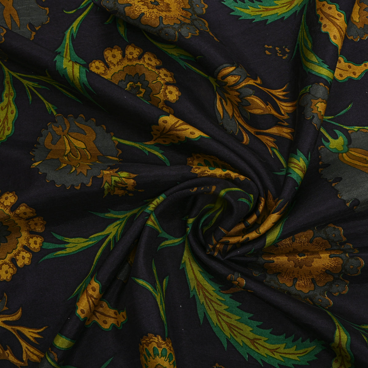 Dark Black With Mustard Floral Vine Print Silk Fabric