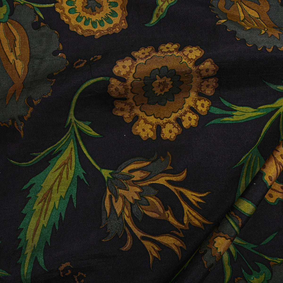 Dark Black With Mustard Floral Vine Print Silk Fabric