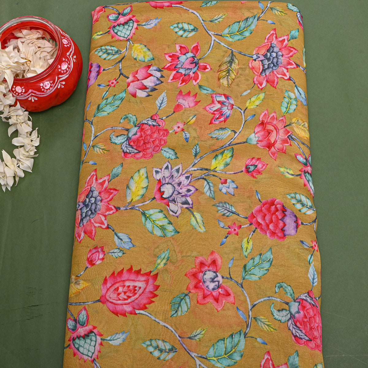 Honey Yellow Floral Jaal Print Silk Fabric