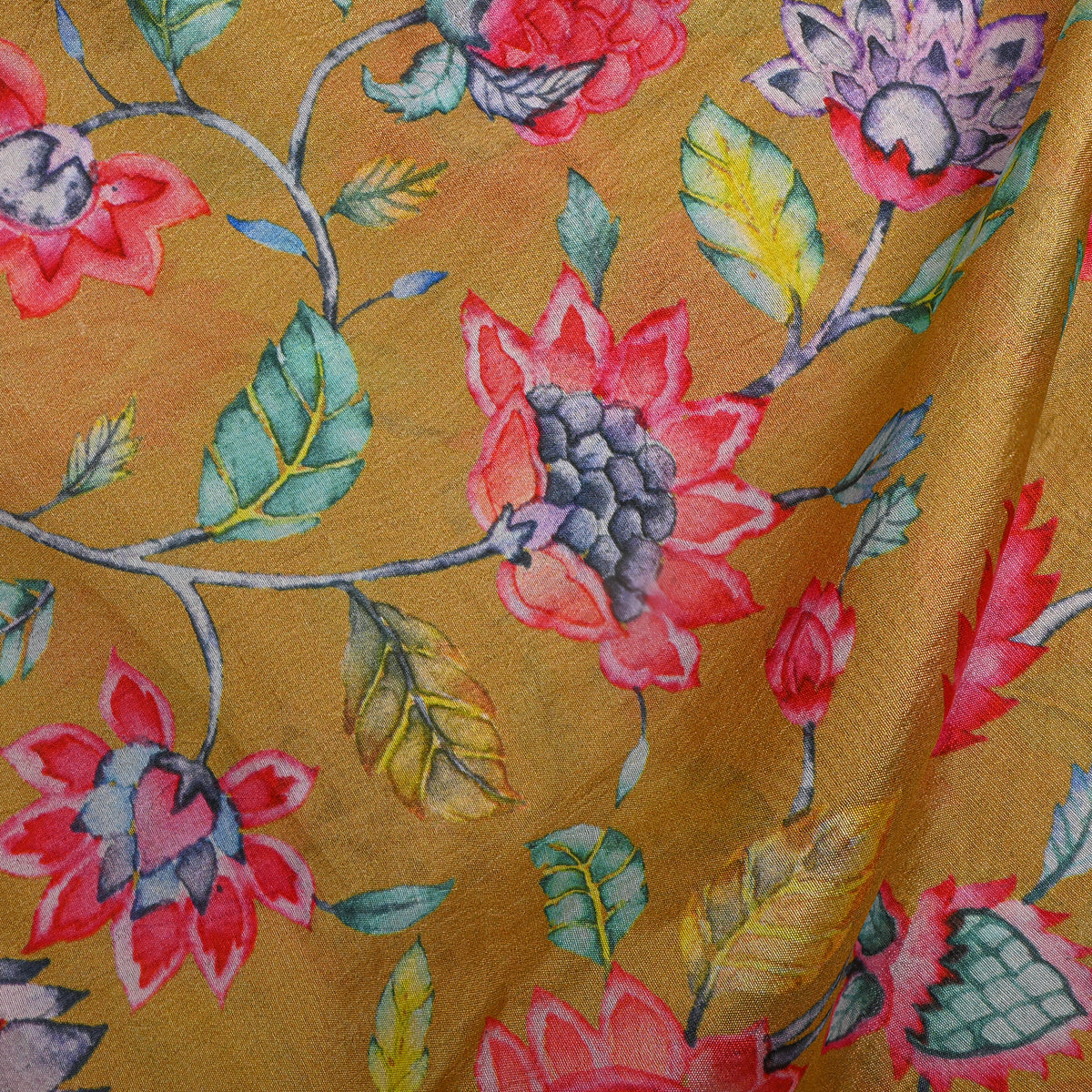 Honey Yellow Floral Jaal Print Silk Fabric