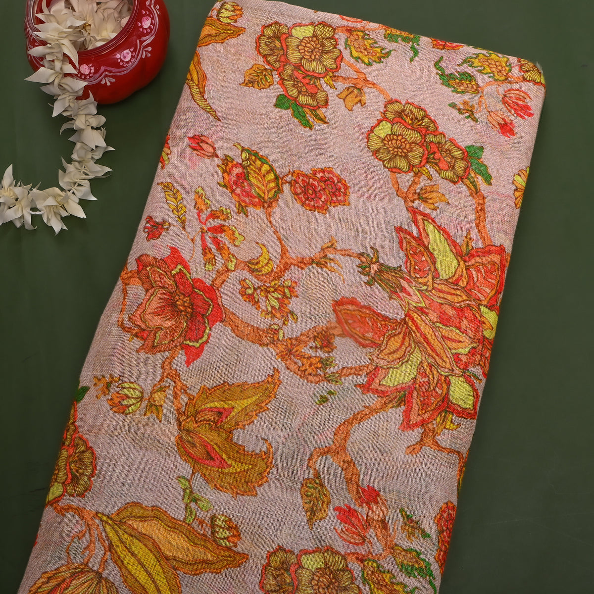 Cream Orange Floral Print Linen Fabric