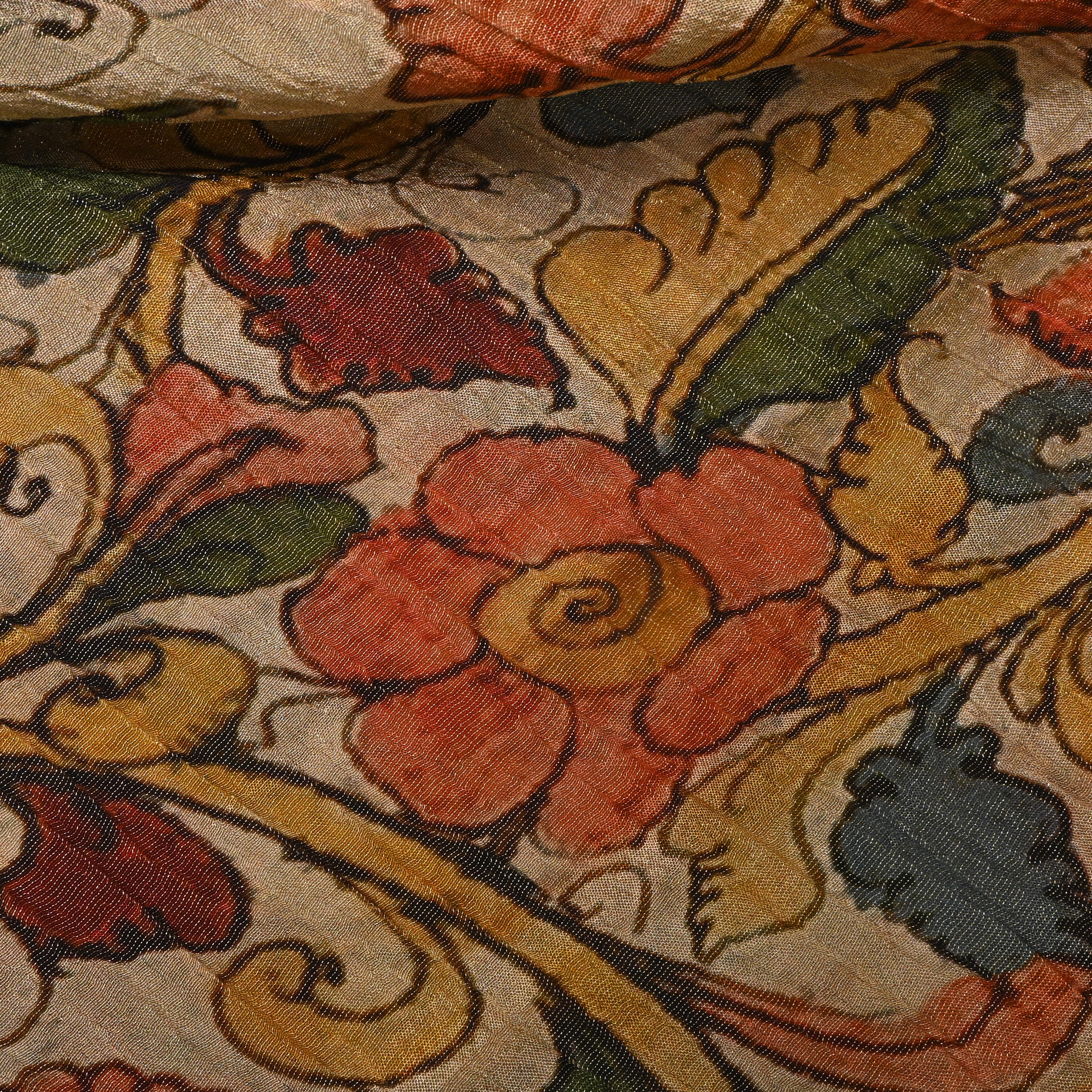 Earthy Beige And Multicolour Printed Tissue Fabric