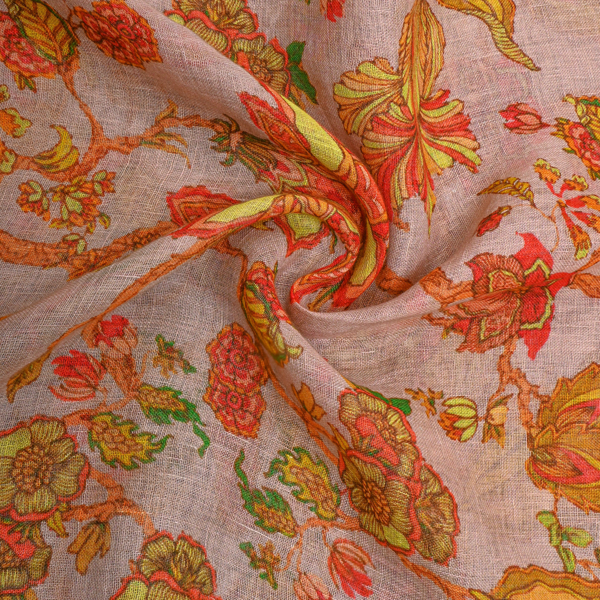 Cream Orange Floral Print Linen Fabric