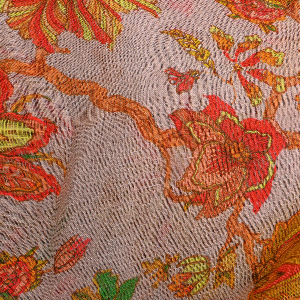 Cream Orange Floral Print Linen Fabric