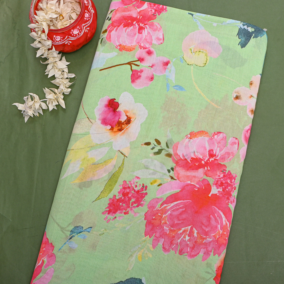 Pistachio Floral Print Tusser Fabric