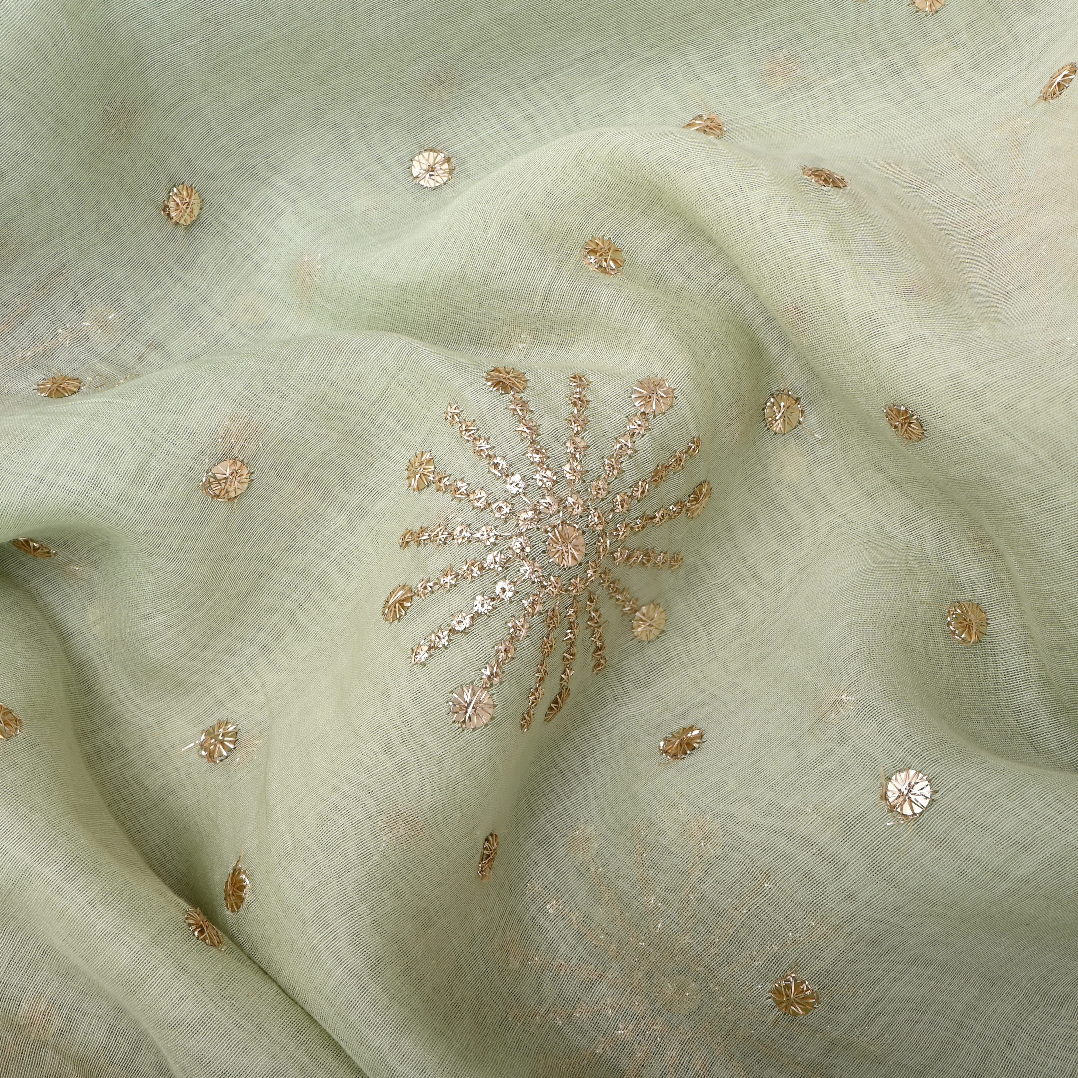 Pastel Green Floral Embroidered Chanderi Fabric