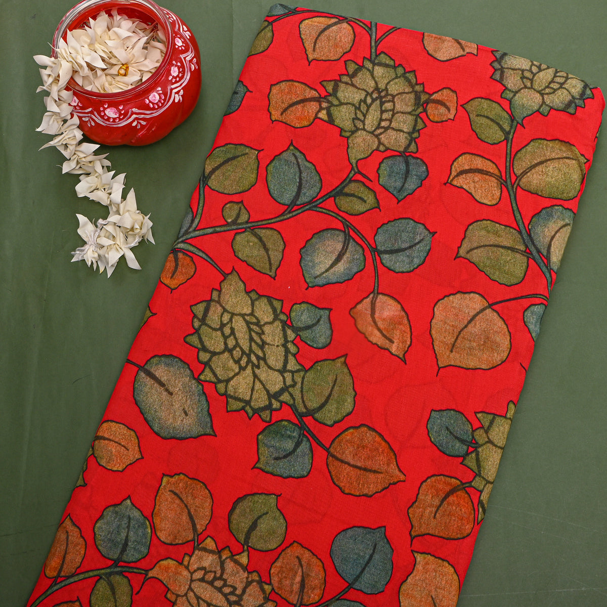 Bright Orange Leaf Vine Print Tussar Fabric