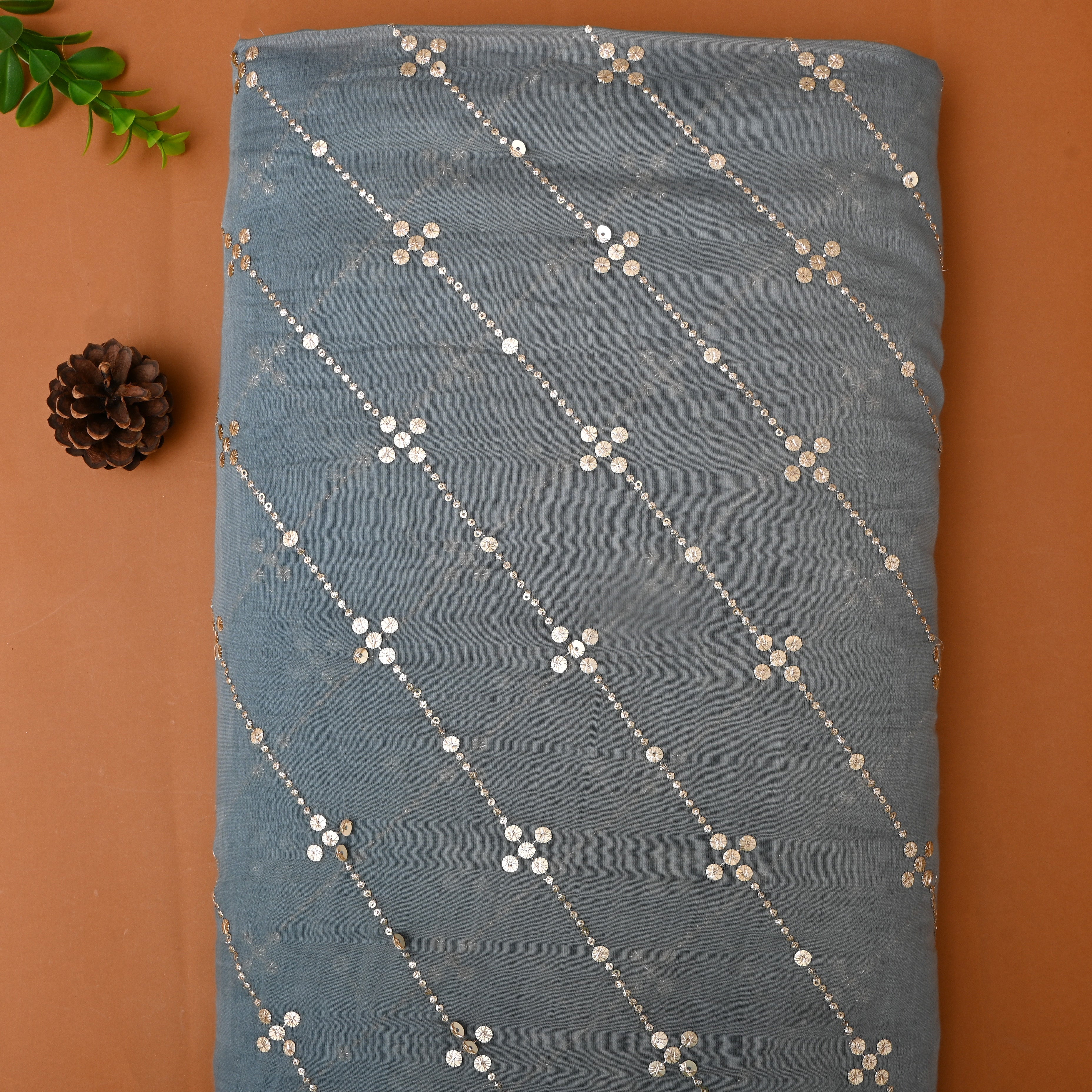 Grey Mirror Work Embroidered Chanderi Fabric
